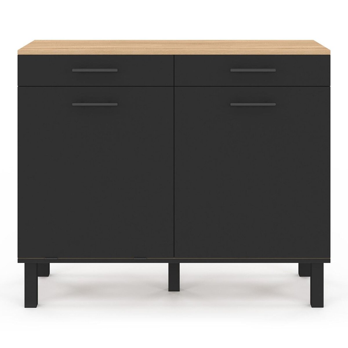 ID MARKET Buffet bas de cuisine avec espace poubelle 100 cm CINA plan de travail H.83 cm 2 portes + tiroirs façon hêtre et noir