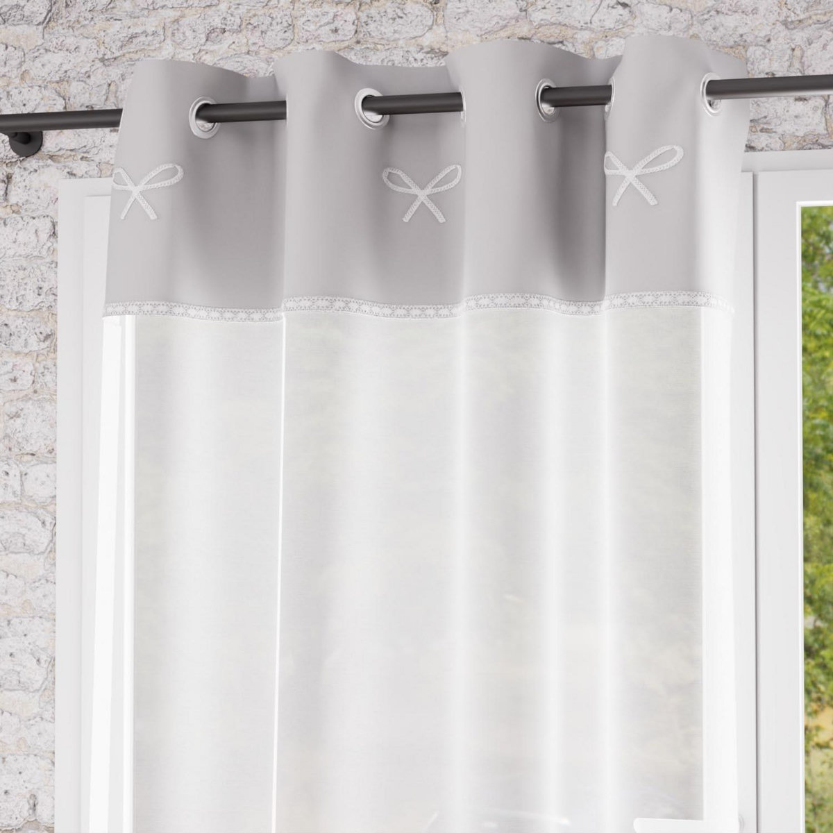 SOLEIL D'OCRE Voile à oeillets brodé en coton 135x250 cm EMILIE gris, par Soleil d'ocre