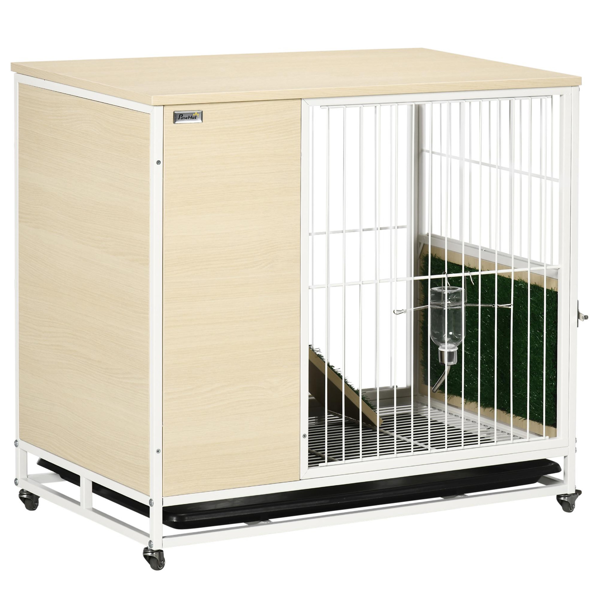 PAWHUT Clapier à lapin sur roulettes cage à lapin 2 niveaux toit ouvrant porte plateau déjection coulissant rampe niche acier blanc aspect bois clair