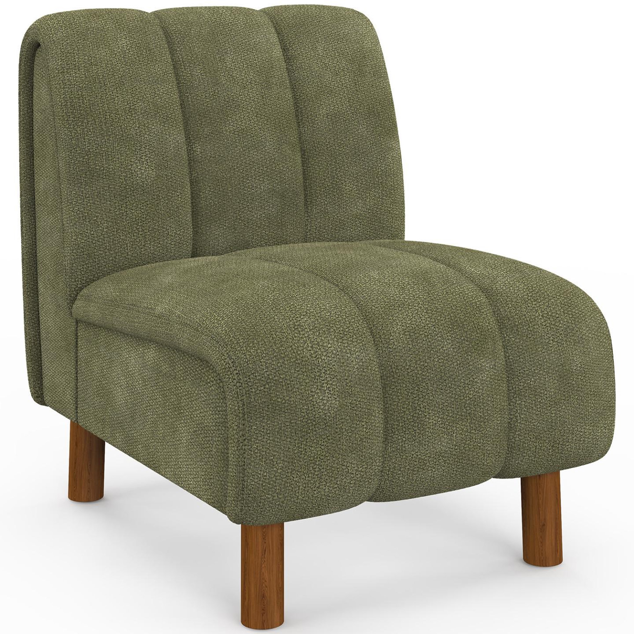 ID MARKET Fauteuil HECTOR tissu chenille vert et pieds arrondis effet noyer
