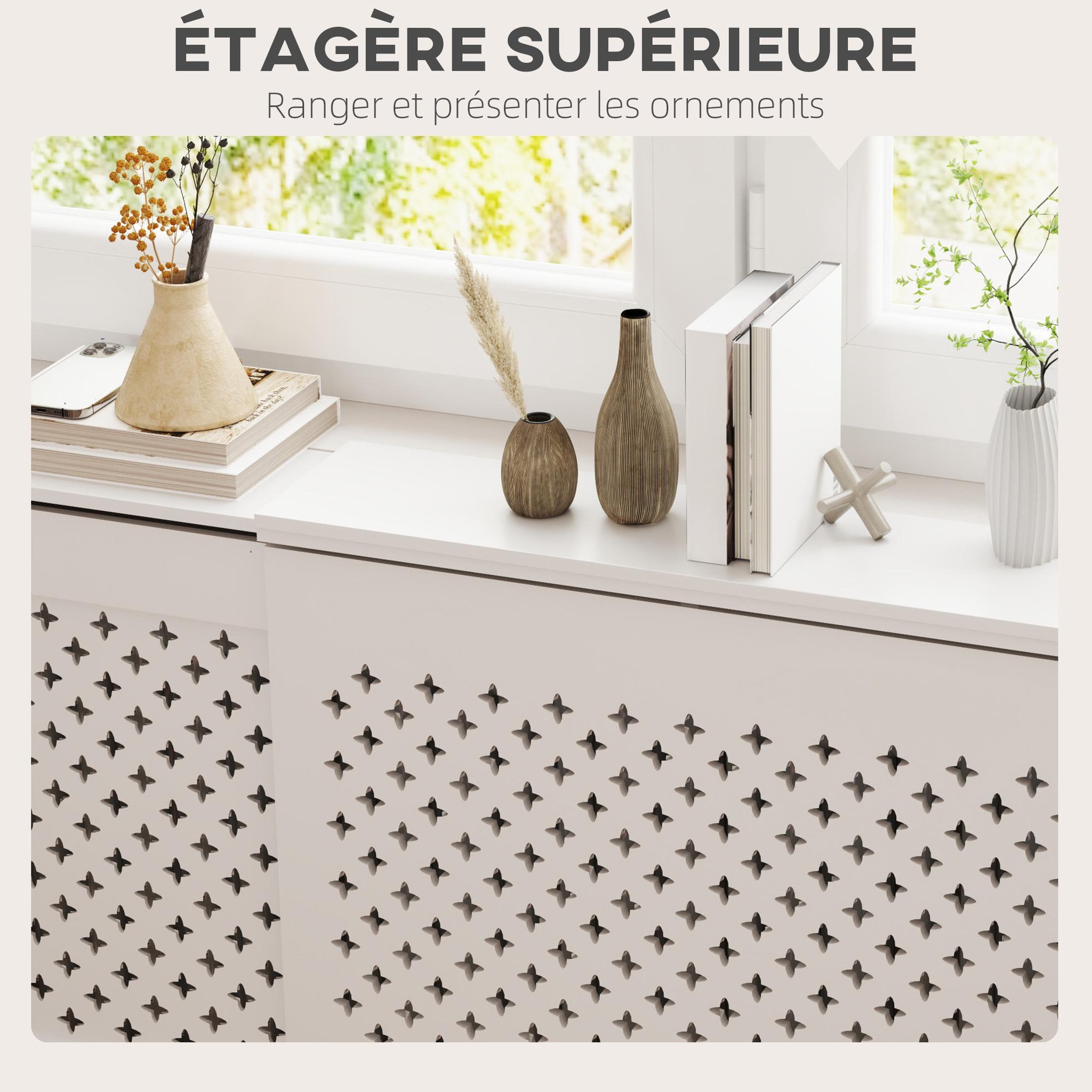 Voir la diapositive 6 : HOMCOM Cache-radiateur réglable motif nid d'abeille dim. 136-200L x 21,5l x 91,7H cm MDF blanc