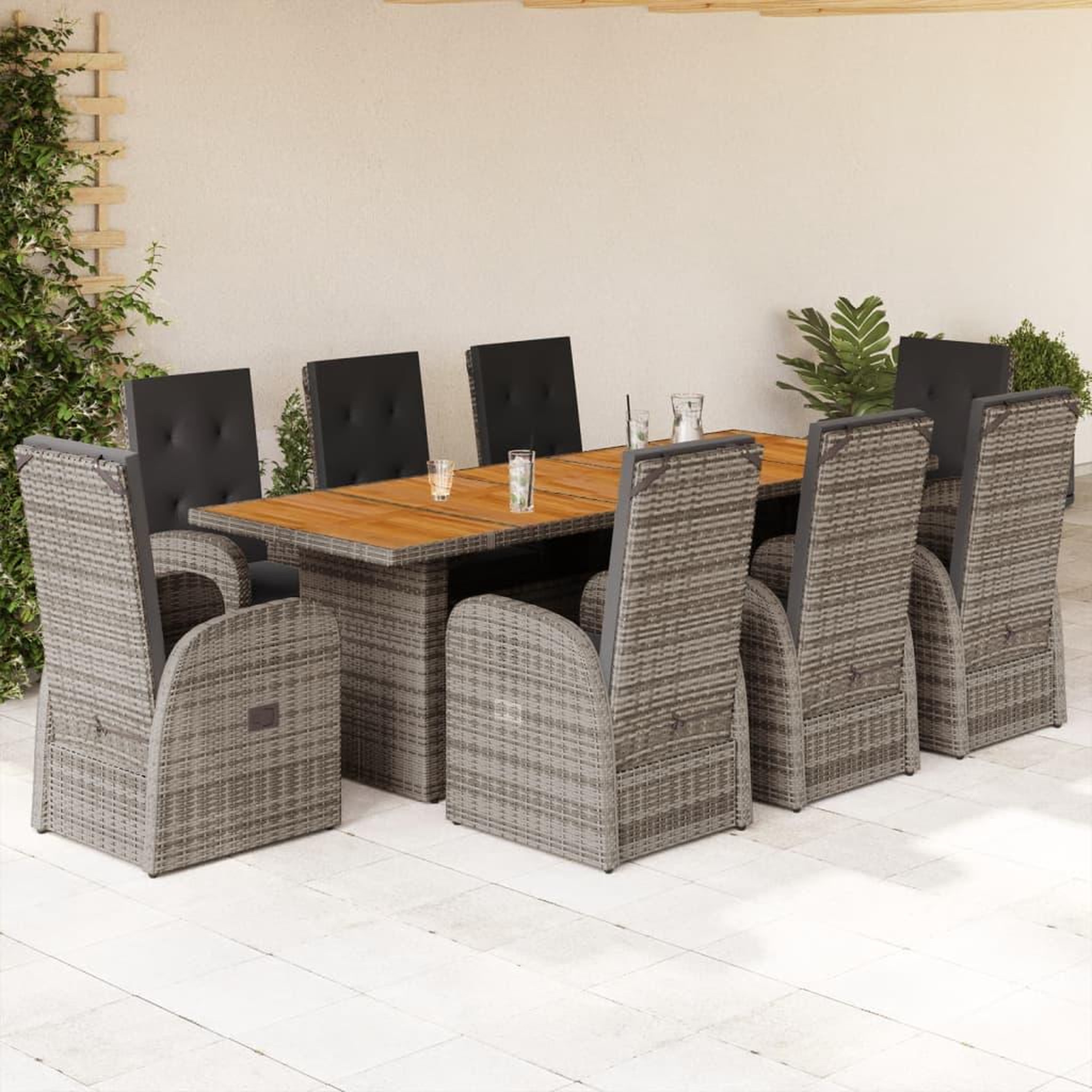 VIDAXL Ensemble a manger de jardin 9 pcs coussins gris resine tressee
