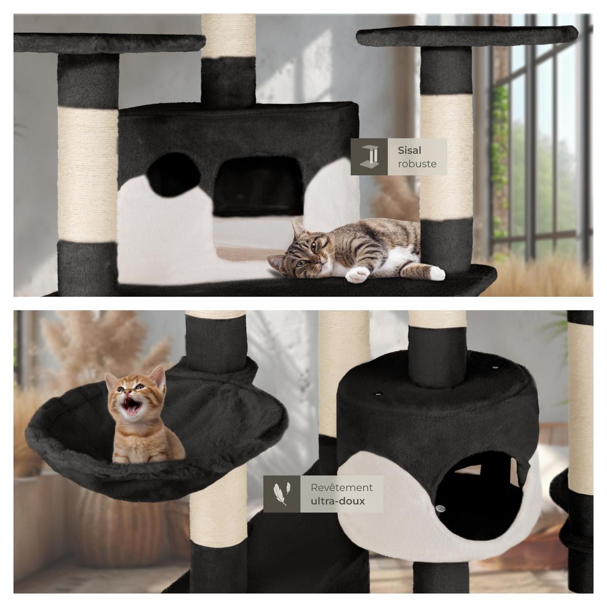 tectake Arbre à chat 204 cm avec griffoir et plateforme d'escalade noir/blanc