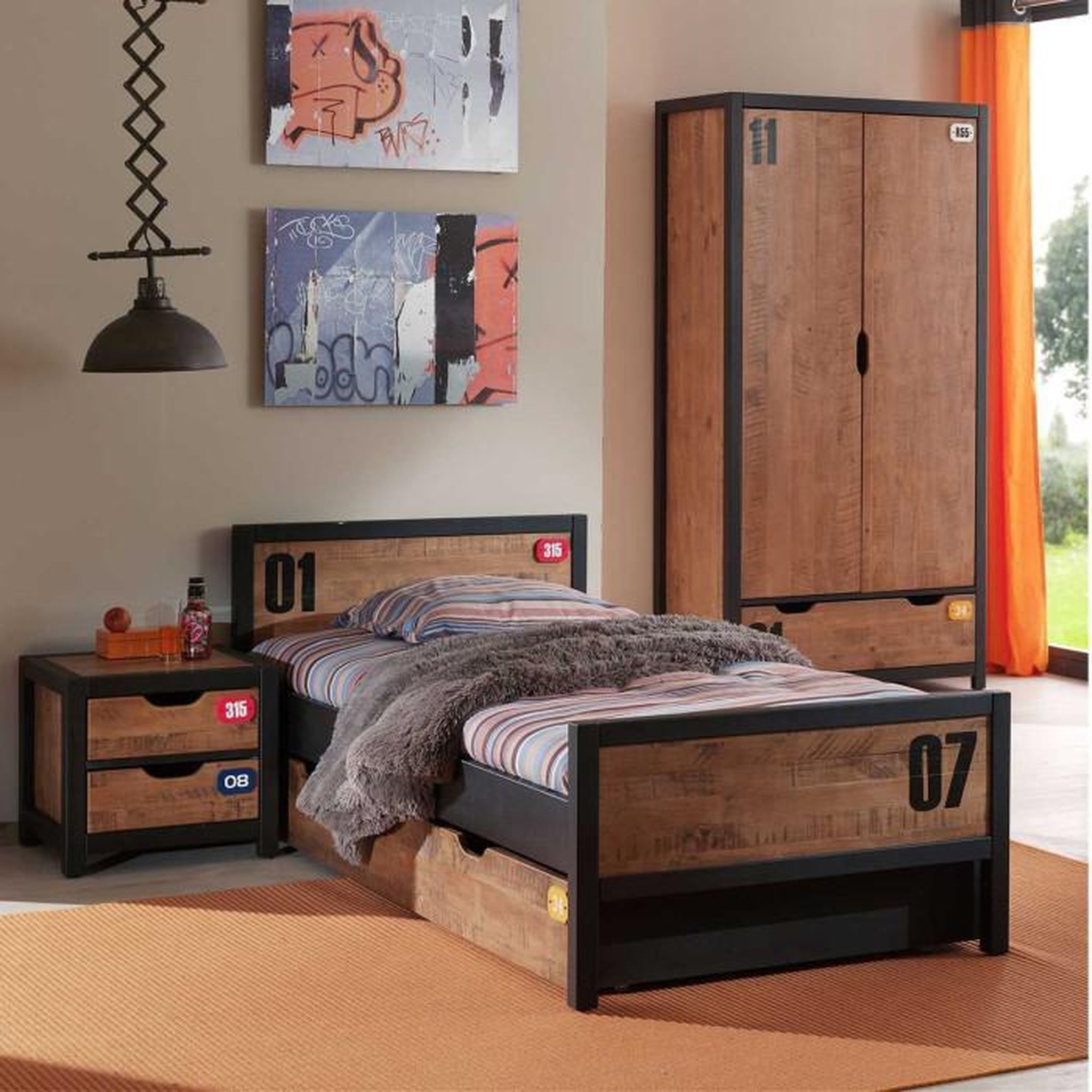 Paris Prix Pack - Lit Enfant, Chevet, Tiroir & Armoire  Alex  Marron & Noir