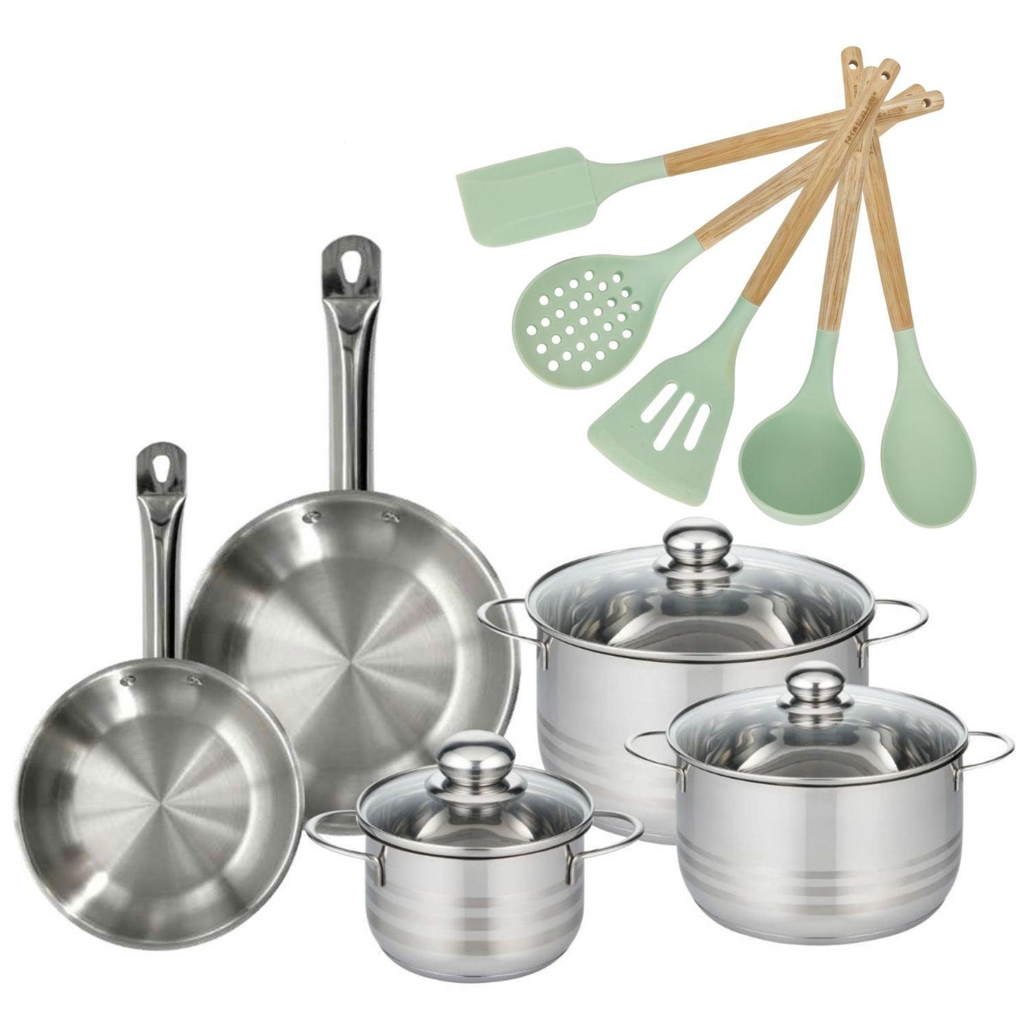 Fackelmann Batterie de cuisine avec 3 faitouts 16/20/24 cm et 2 poêles 20/24 cm et 5 ustensiles de cuisine sans pfas fackelmann etherna brillant fenix océan