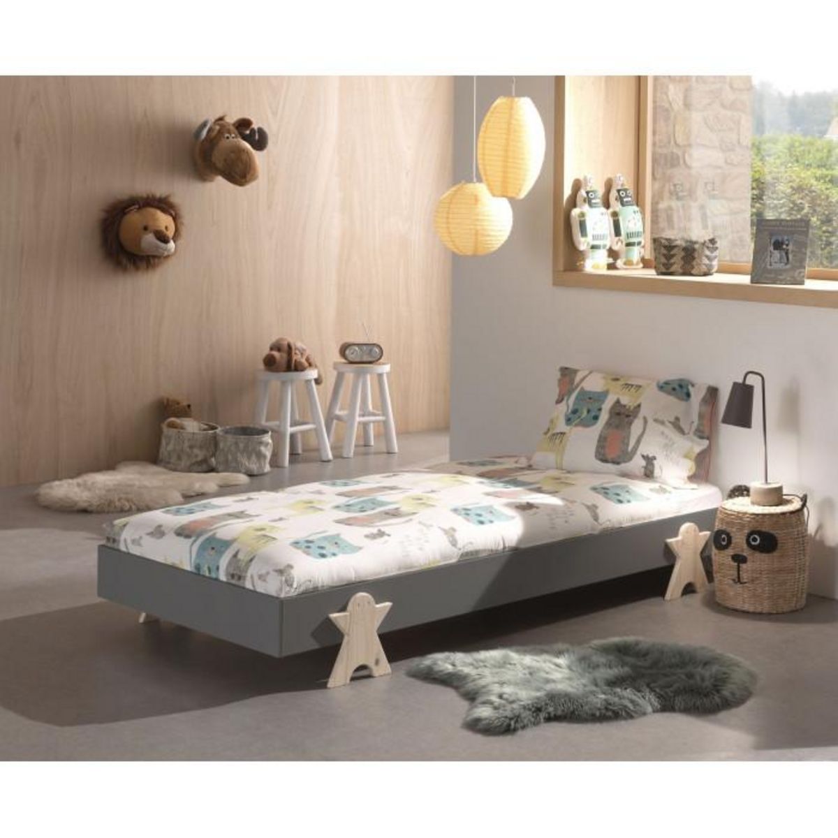 Paris Prix Lit Enfant en Bois  Modulo Smiley  90x200cm Gris