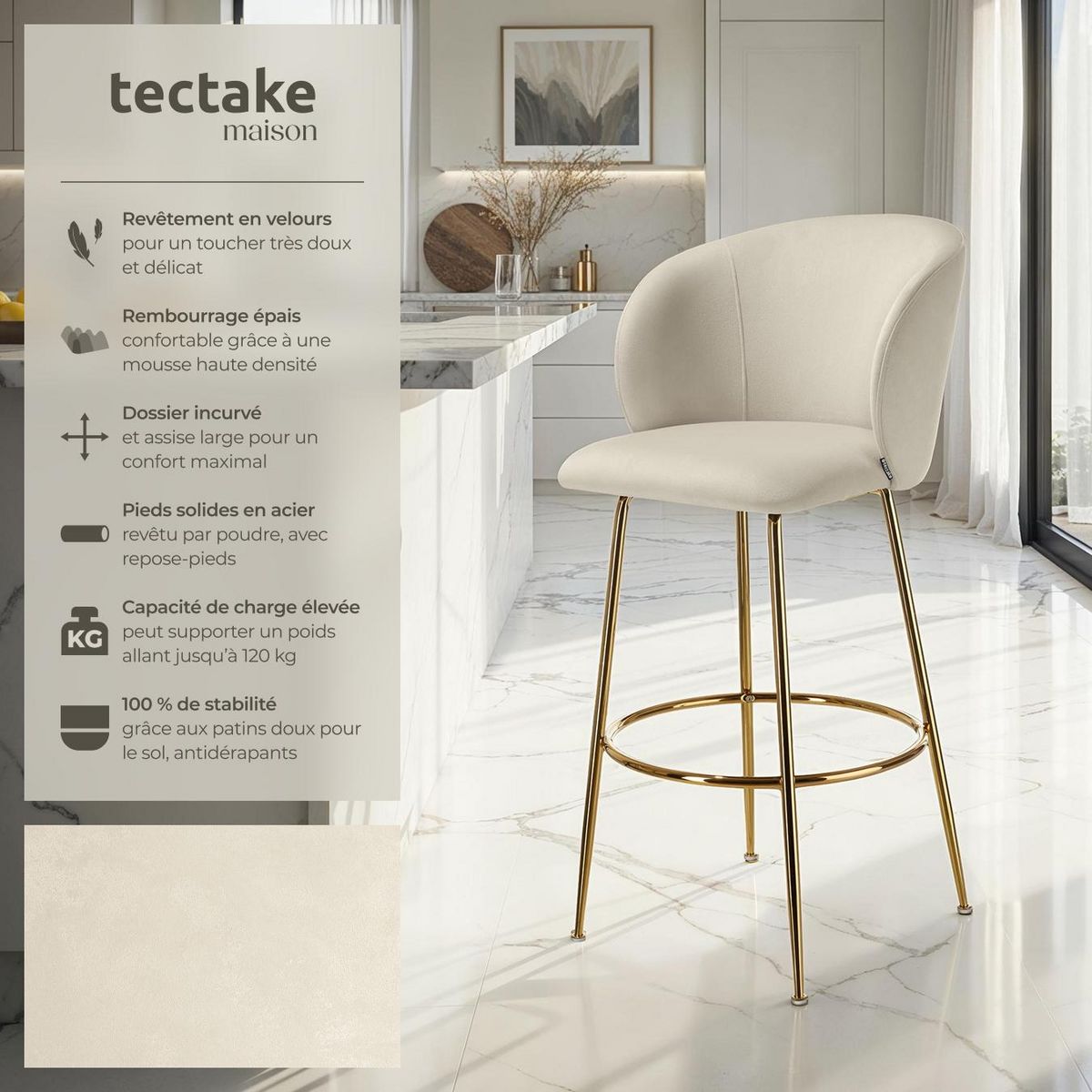 tectake Chaise de bar en velours rembourré crème/or Ensemble de 2 pièces