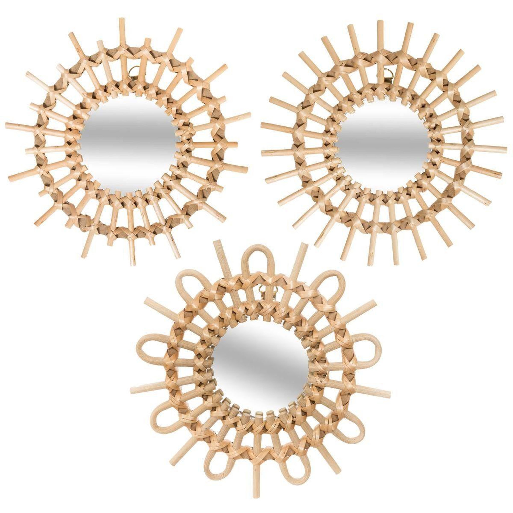 ATMOSPHERA Lot de 3 miroirs muraux rotin  soleil  28cm beige