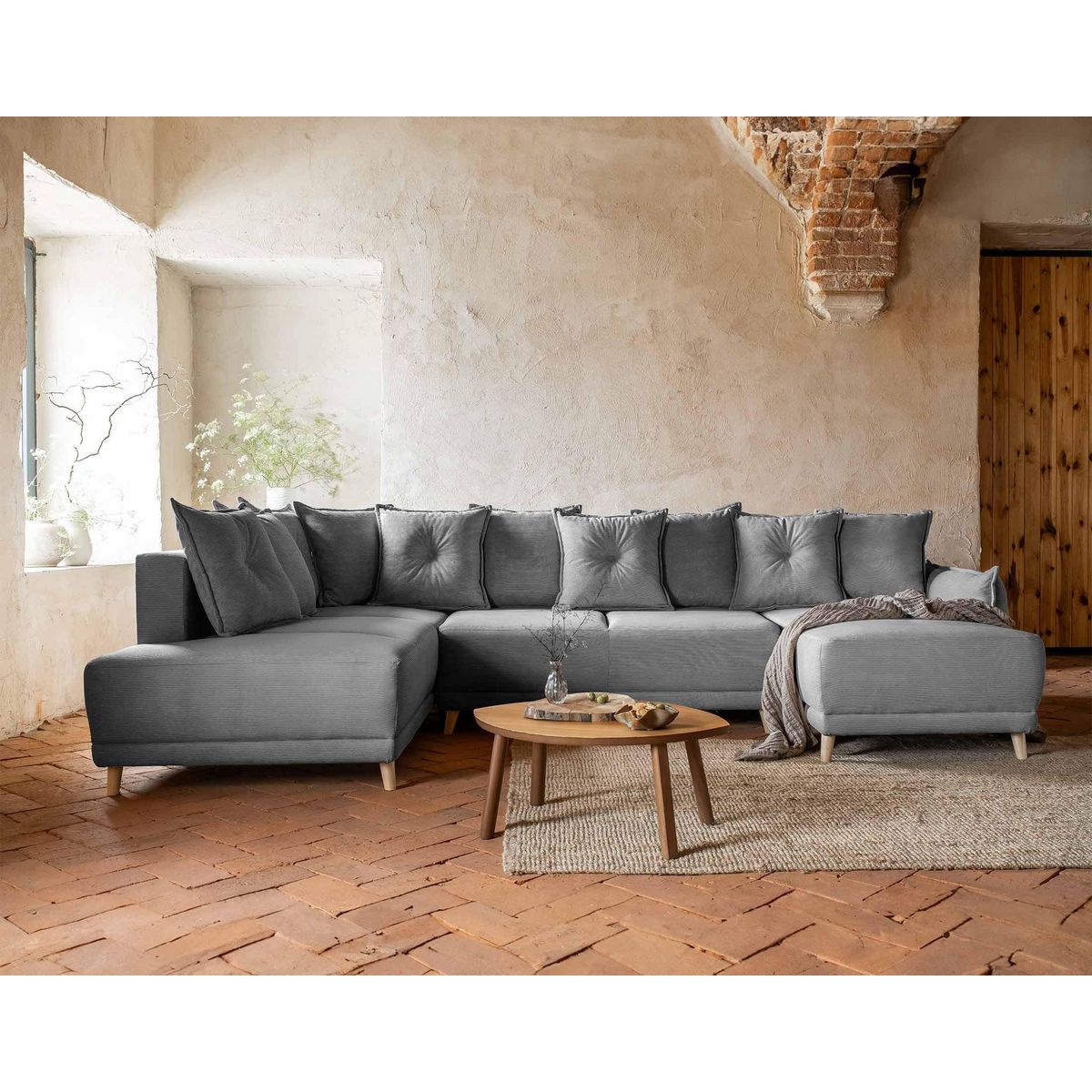 BEST MOBILIER Lena - canapé panoramique d'angle gauche 7 places - convertible avec coffre - en velours côtelé