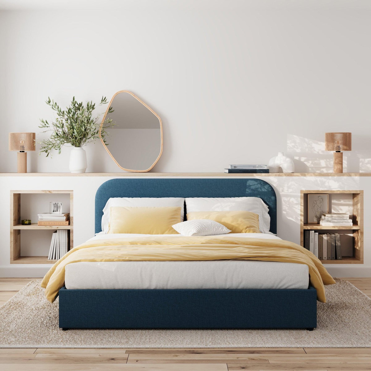 Rendez vous déco Lit double avec coffre 140x190 cm en tissu bleu-Tilly