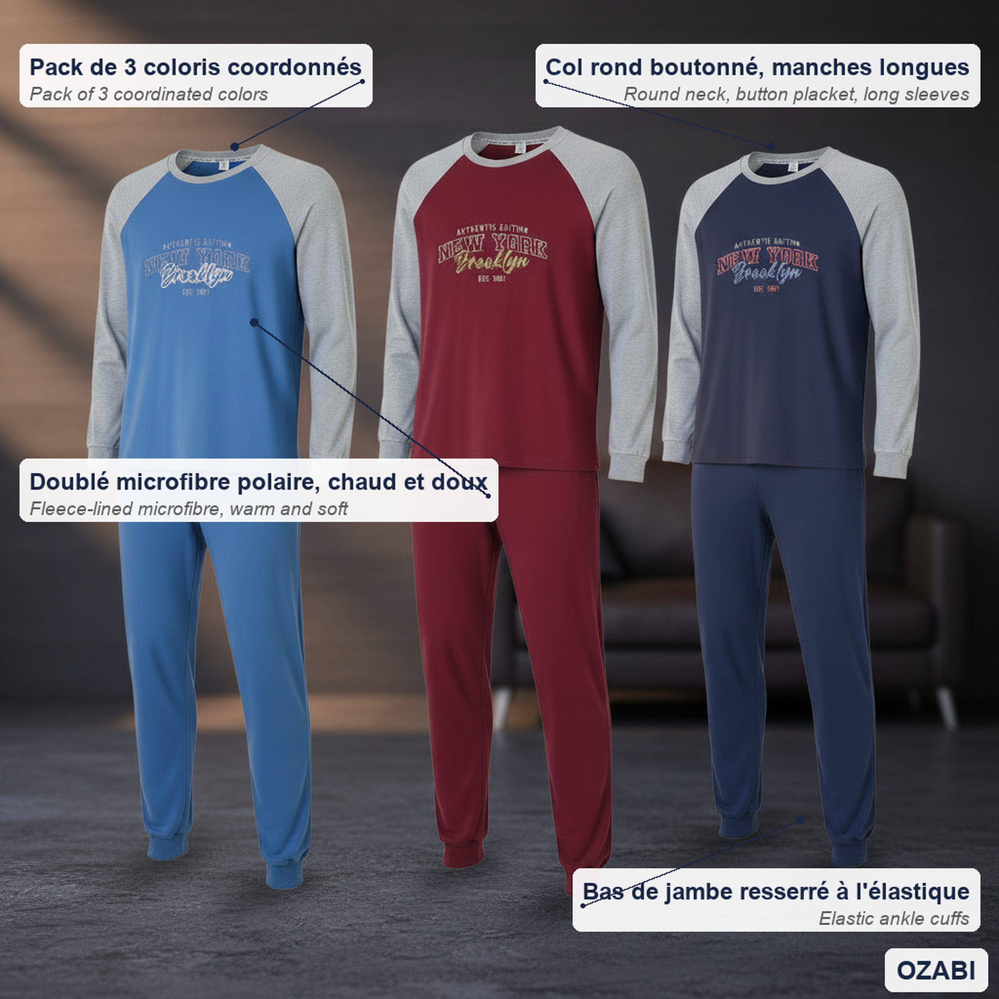 Voir la diapositive 5 : OZABI Ozabi ensemble pyjama homme doublé polaire pack de 3 coloris assortis