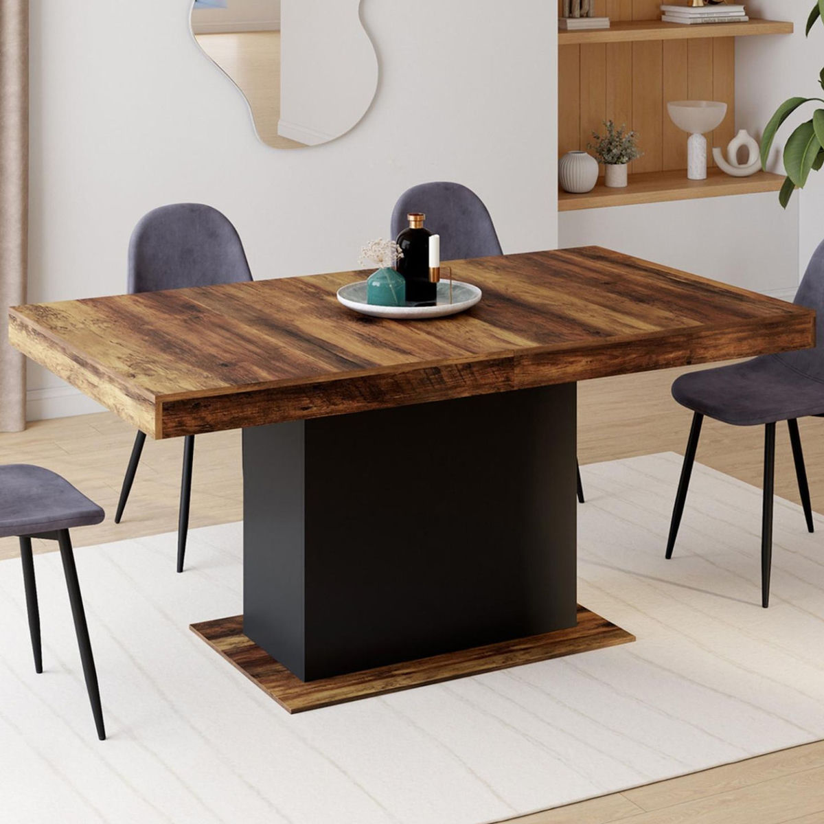 ID MARKET Table à manger extensible rectangle EDEN 6-10 personnes plateau HAWKINS bois foncé et noir 160-200cm