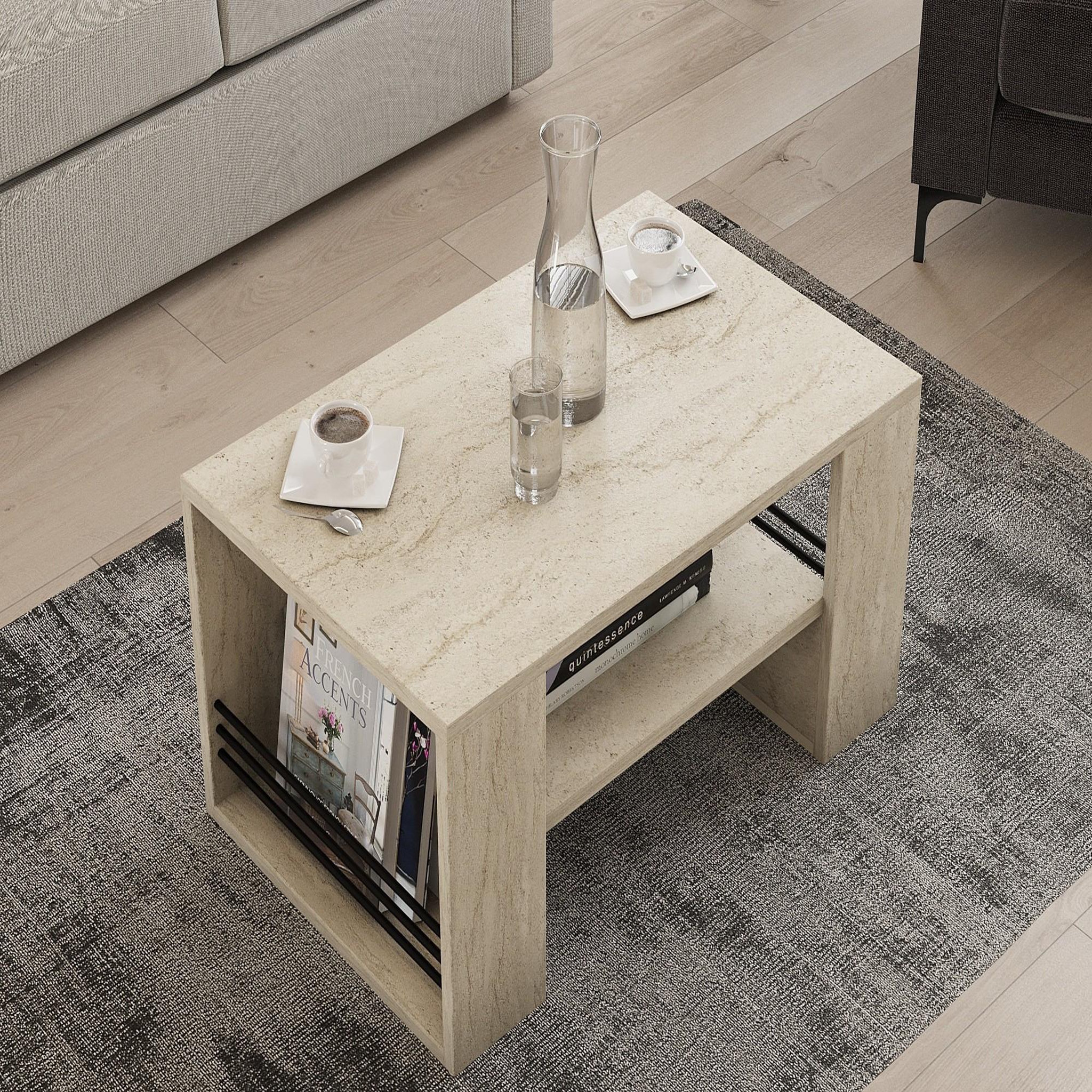 Voir la diapositive 4 : Habitat et Jardin Table basse en bois  iris  - 80 x 50 x 40 cm - travertin