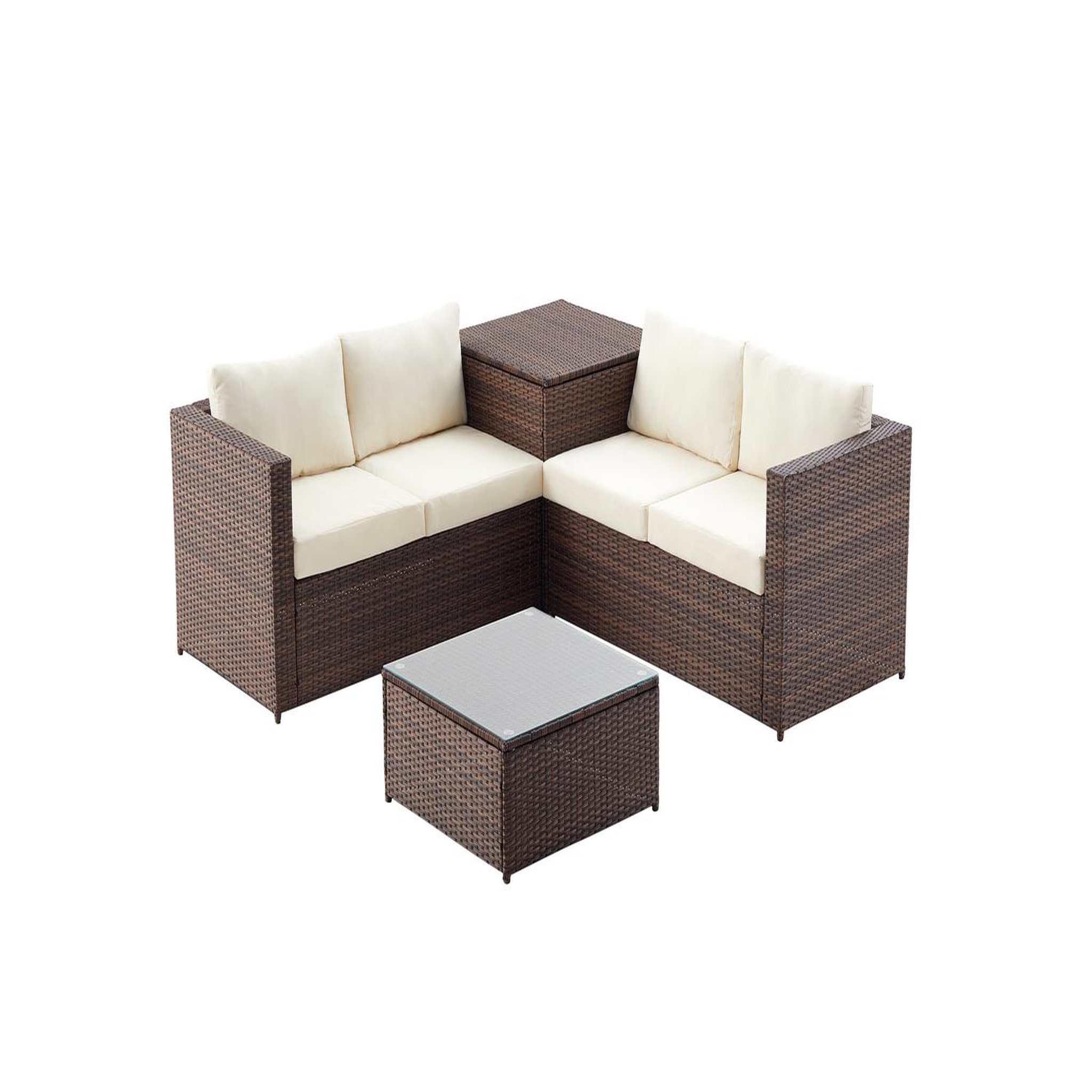 CONCEPT USINE Salon de jardin en résine tressée 4 places avec coffre intégré marron et blanc SILANG