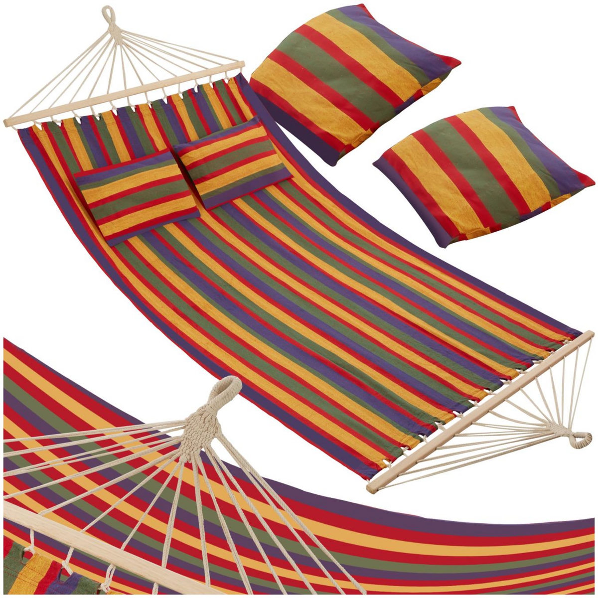 tectake Hamac avec barres d'expansion pour 2 personnes avec des rayures colorées