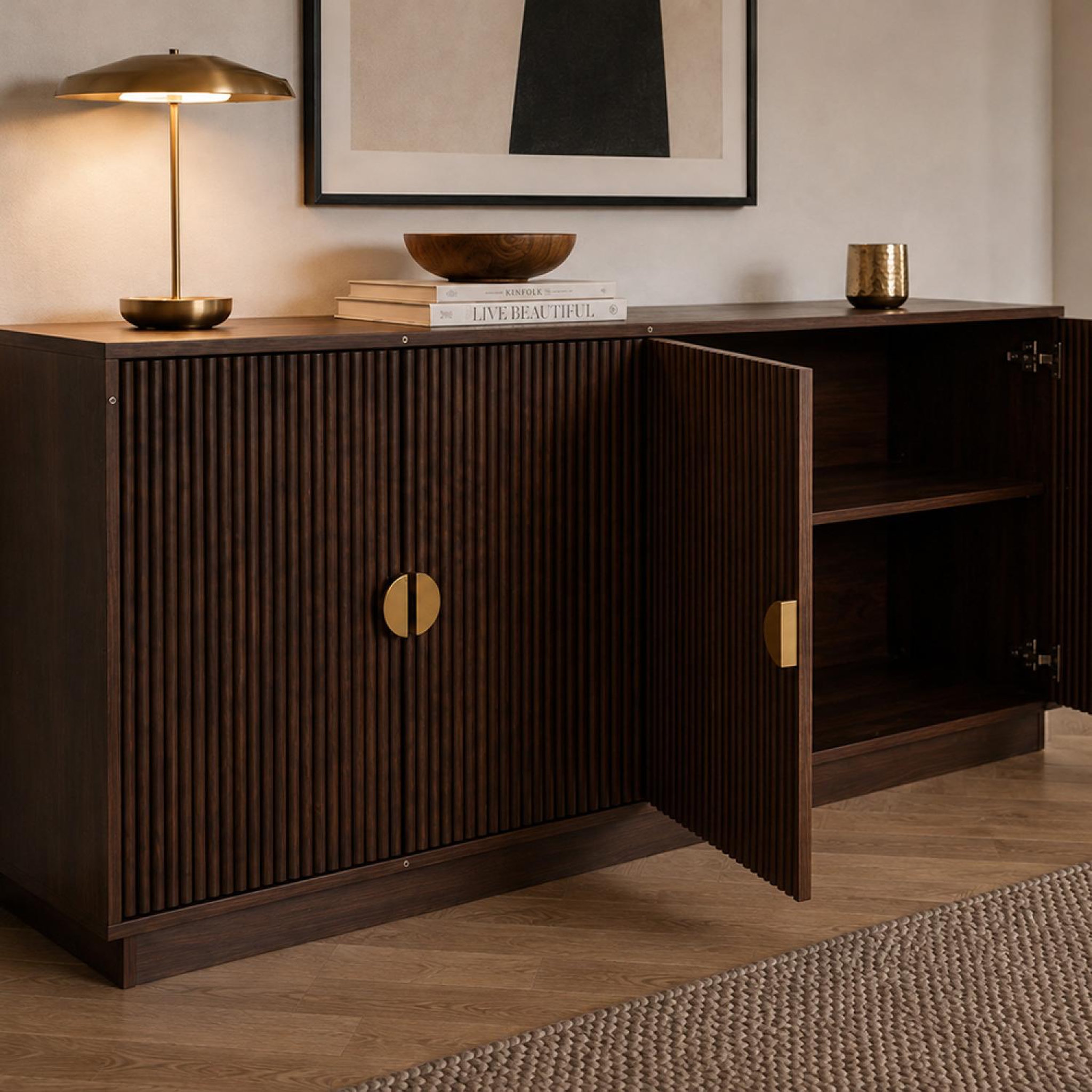 Voir la diapositive 5 : CONCEPT USINE Buffet 4 portes cannelées effet noyer 160 cm TEGAL