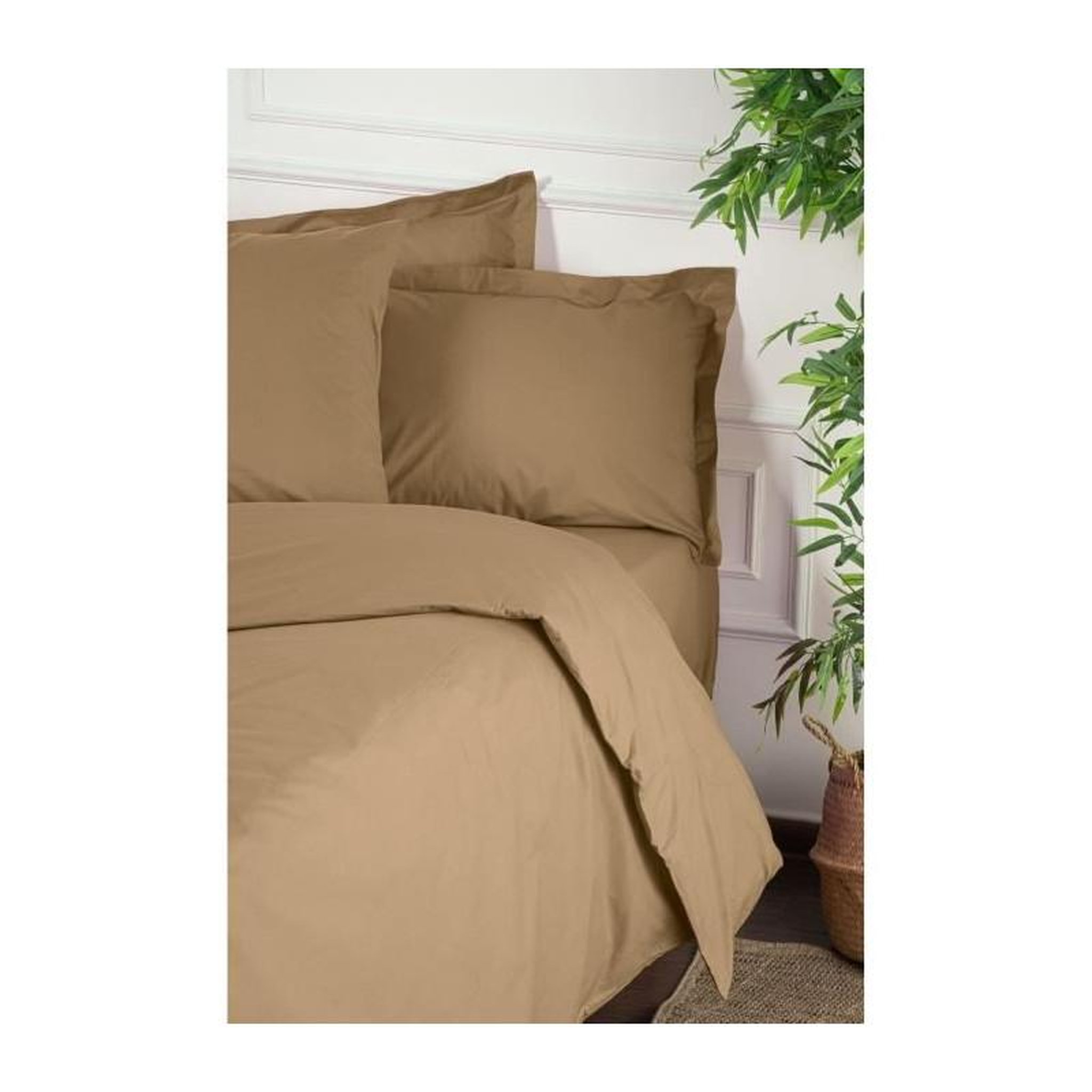 Voir la diapositive 2 : GENERIQUE Parure de lit - 1 housse de couette 220 x 240 cm + 2 taies d'oreiller 60 x 60 cm - 100% coton renforcé - Marron