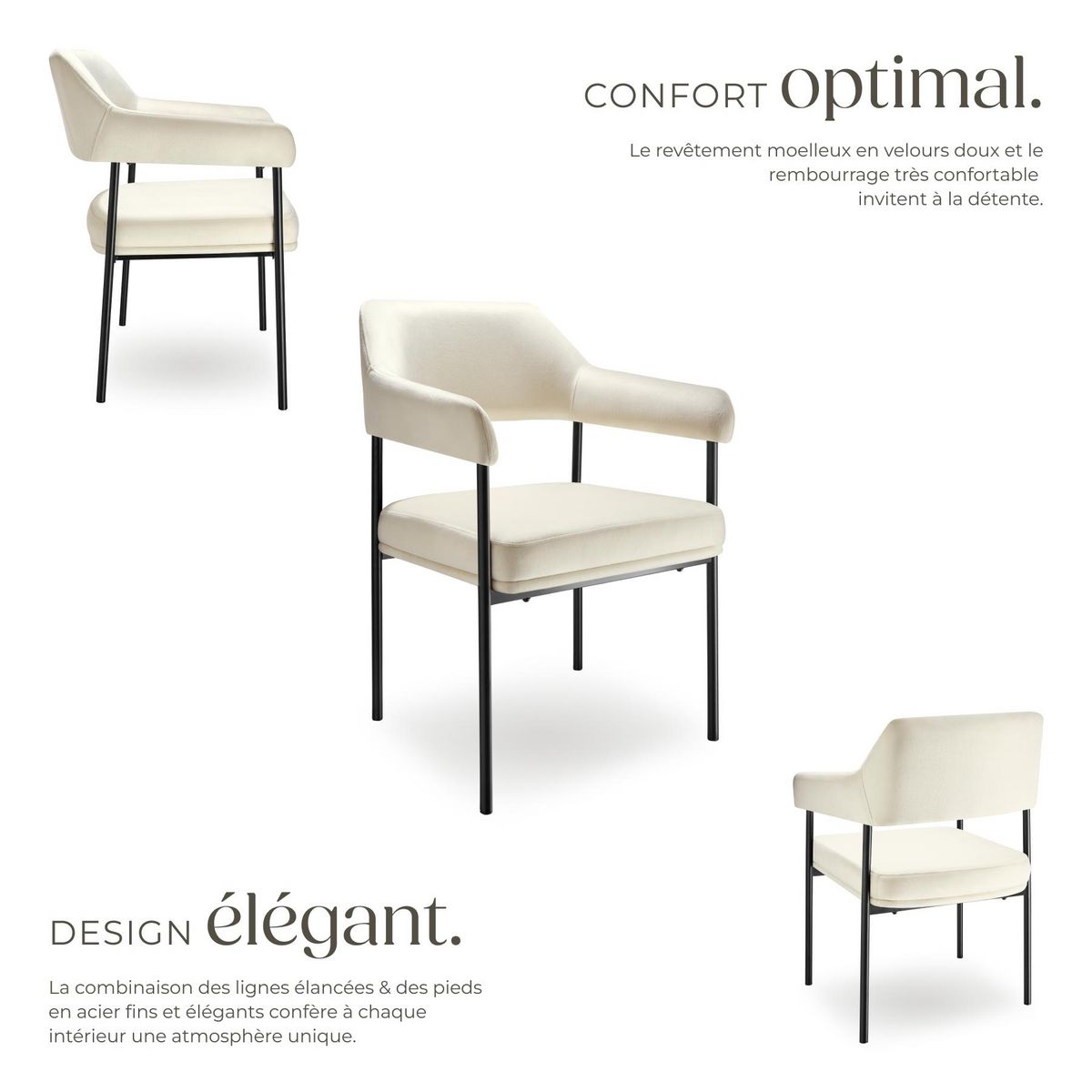 tectake Fauteuil rembourré Aspect velours blanc cassé Lot de 6