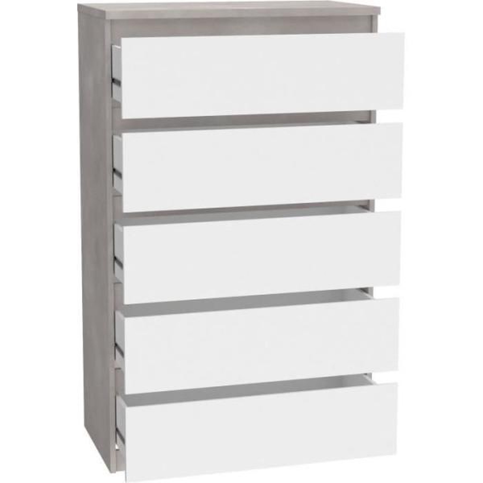 Voir la diapositive 3 : MARKET24 Commode CHELSEA 5 tiroirs - L 77,2 x P 42,2 x H 128,1 - Décor optique béton clair KILOX et blanc mat