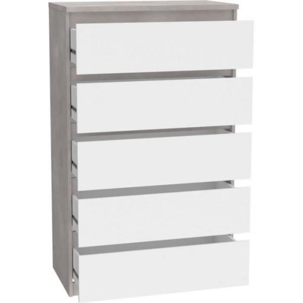 MARKET24 Commode CHELSEA 5 tiroirs - L 77,2 x P 42,2 x H 128,1 - Décor optique béton clair KILOX et blanc mat