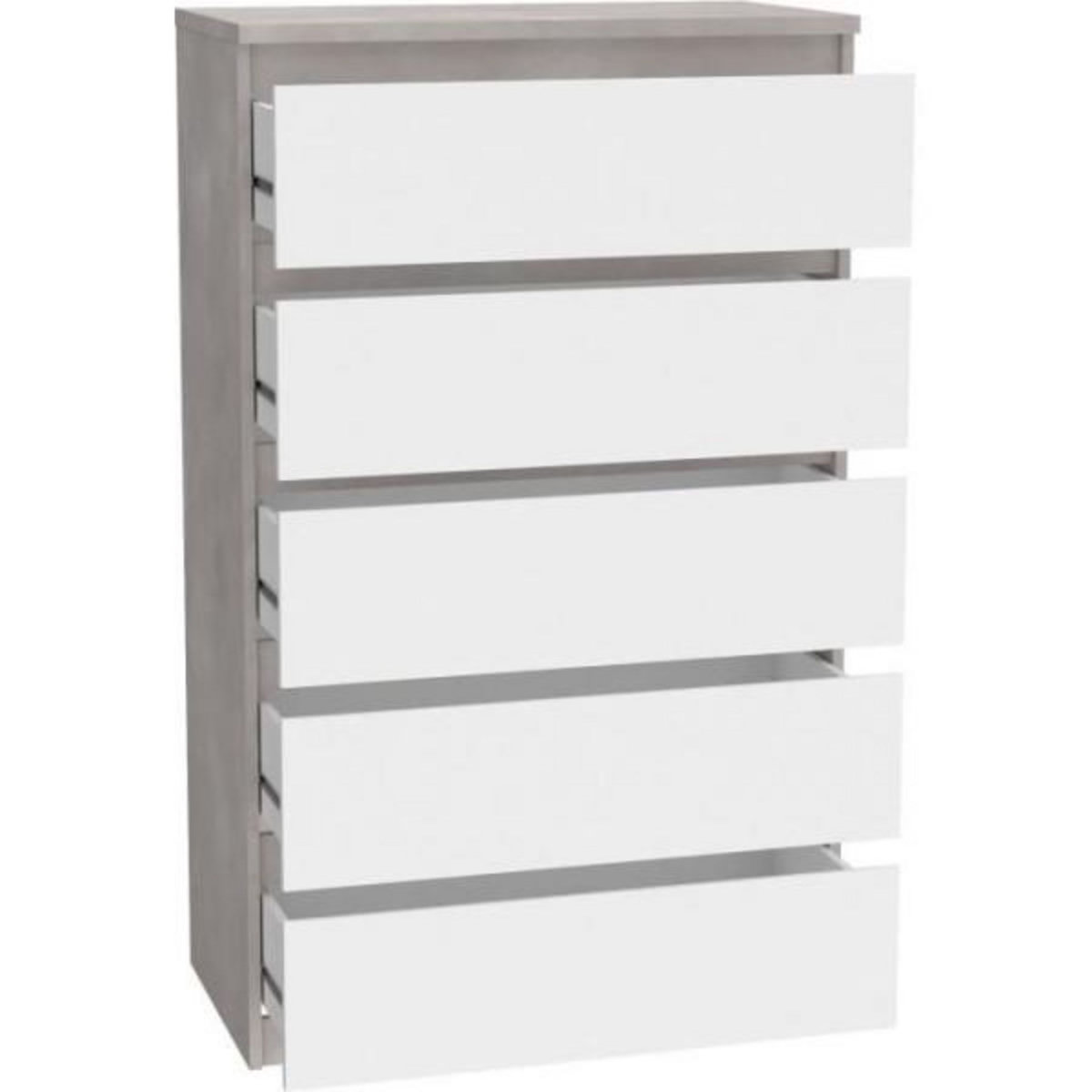 MARKET24 Commode CHELSEA 5 tiroirs - L 77,2 x P 42,2 x H 128,1 - Décor optique béton clair KILOX et blanc mat