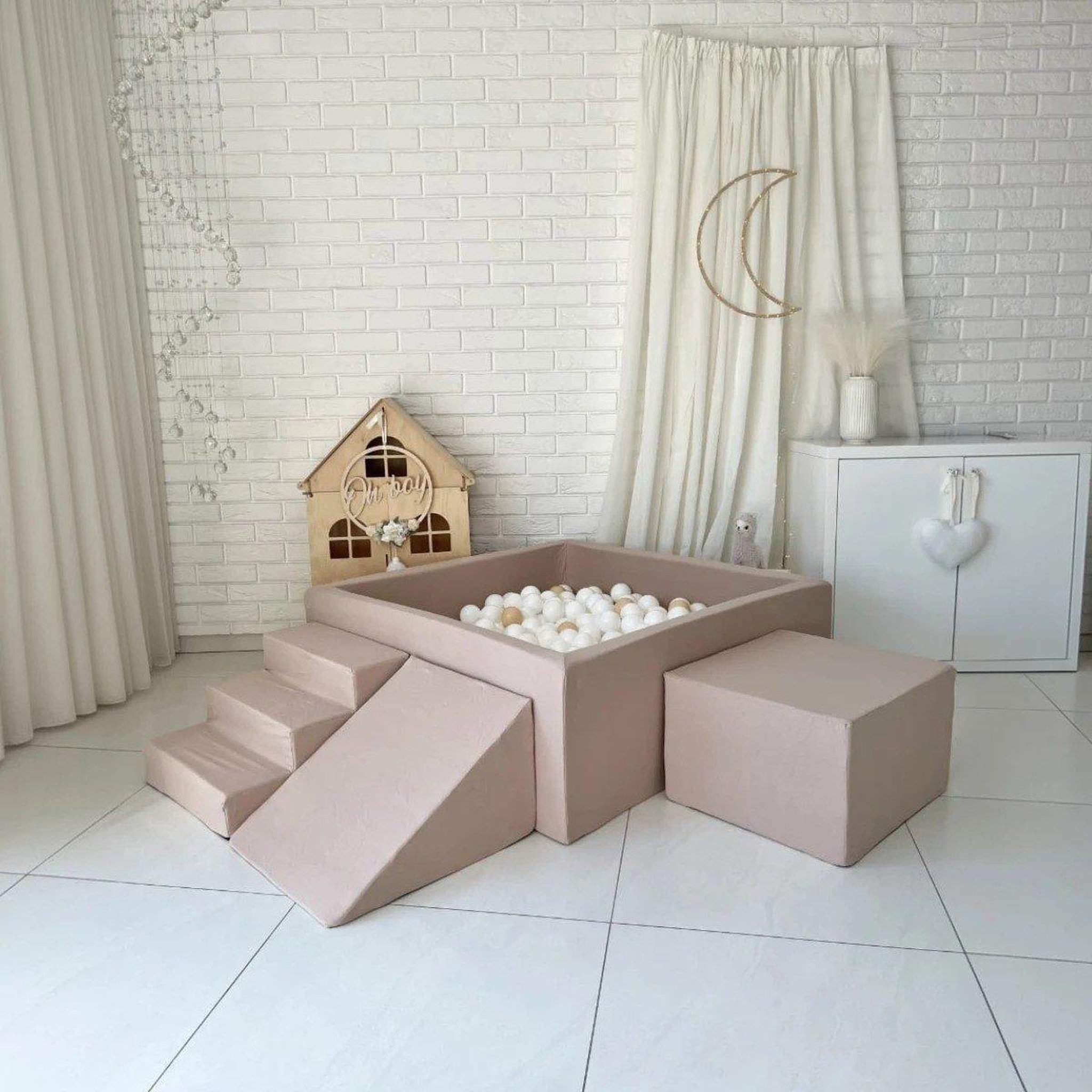 Voir la diapositive 2 : MONIO FOR KIDS Piscine à balles carrée 106 x 106 x 40 cm avec modules en mousse avec 400 balles — Beige