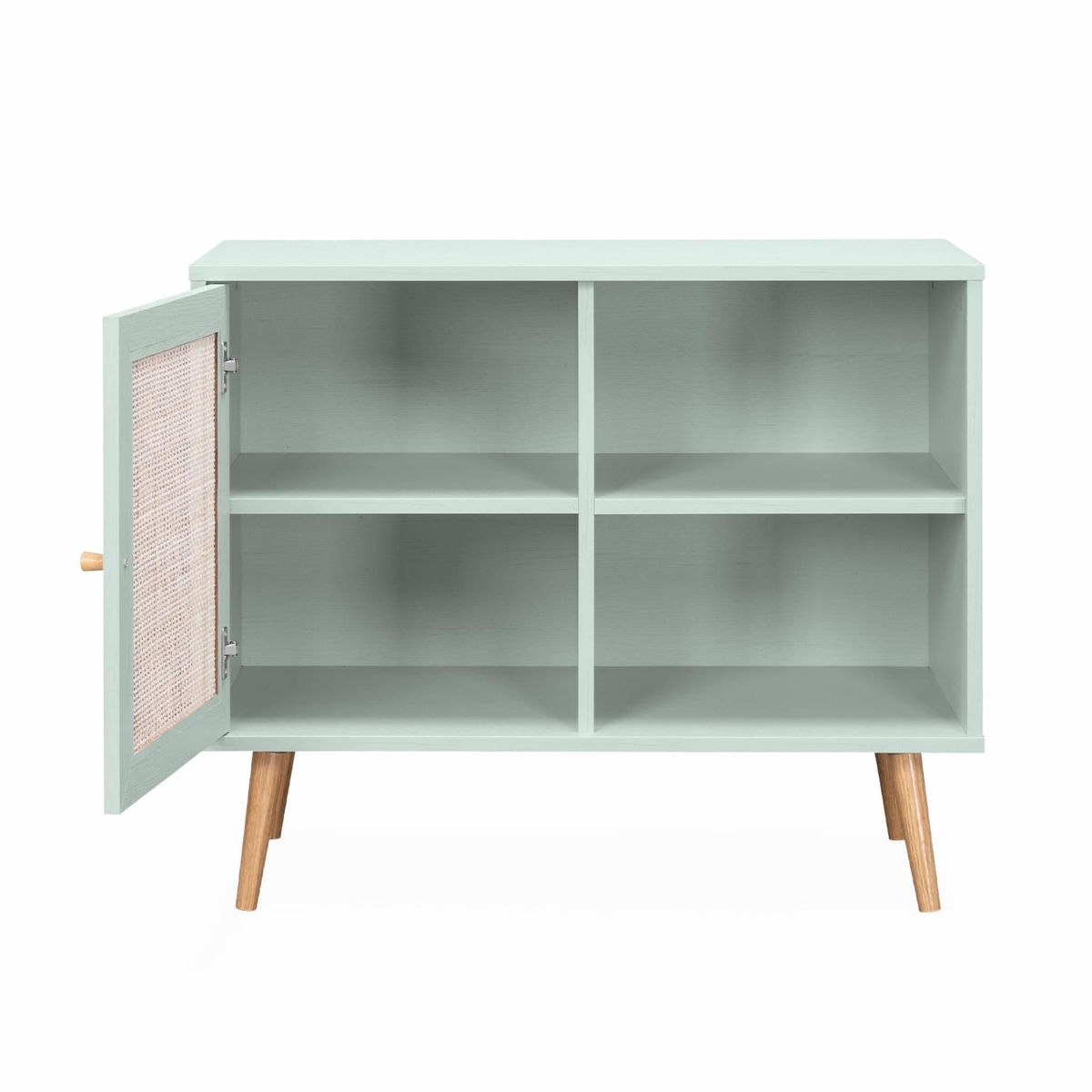 SWEEEK Meuble de rangement en cannage 80x39x65.8cm  Bohème - Vert céladon-  2 niveaux - 1 porte -  pieds scandinaves. buffet bas