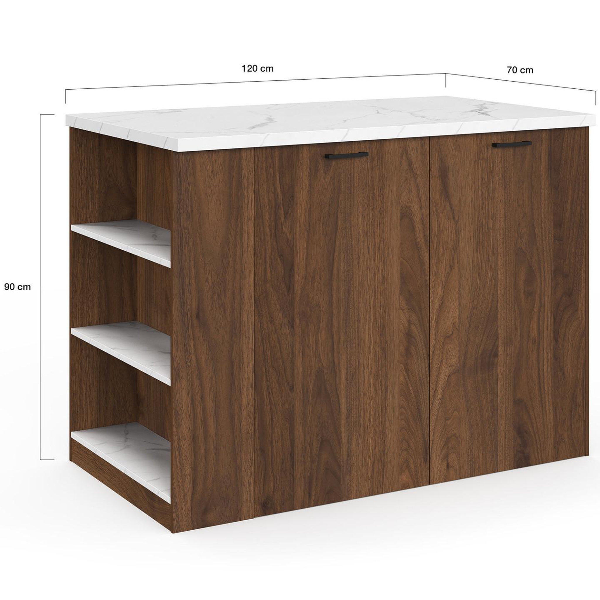Voir la diapositive 5 : ID MARKET Ilot central tibo 120 cm bois foncé effet noyer avec plan de travail effet marbre alaska