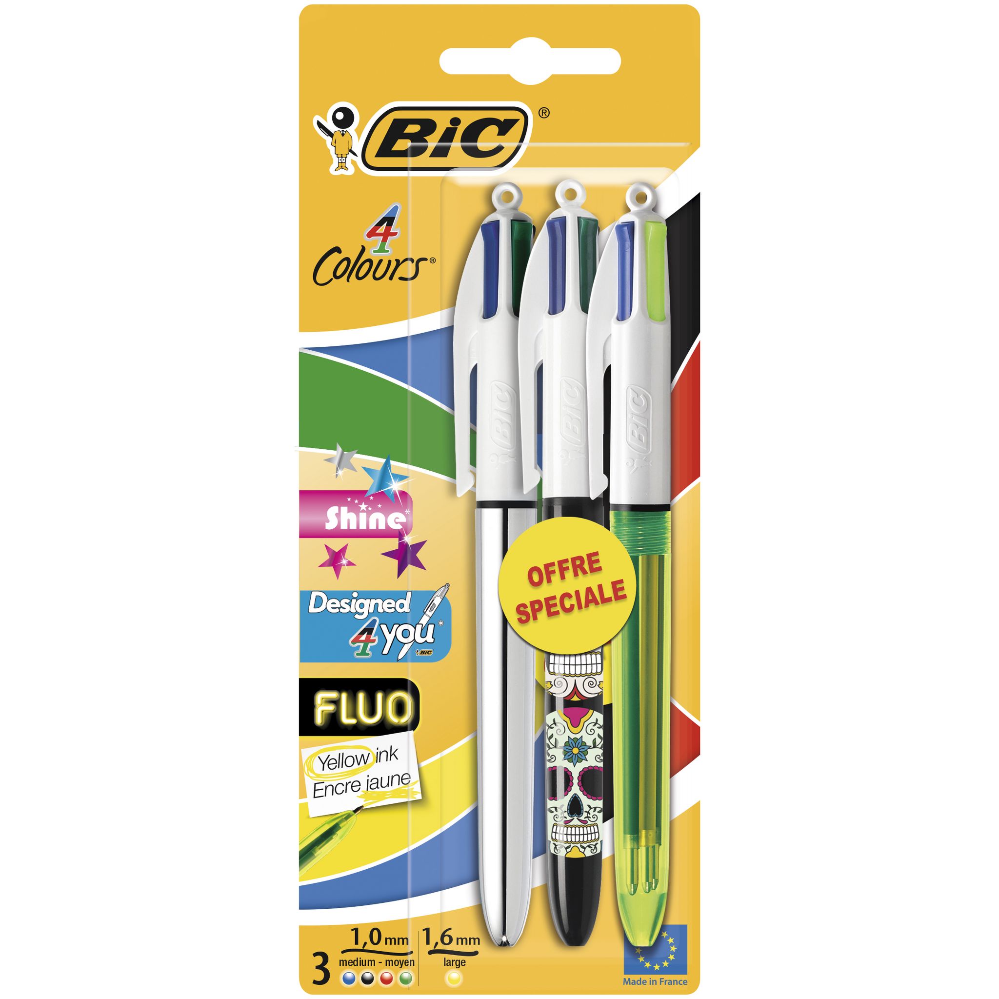Lot De 3 Stylos 4 Couleurs BIC Grip + 3 Correcteurs Tipp-Ex Mini Pocket - Encre Bleue, Rouge, Verte, Noire - 1.0 Mm