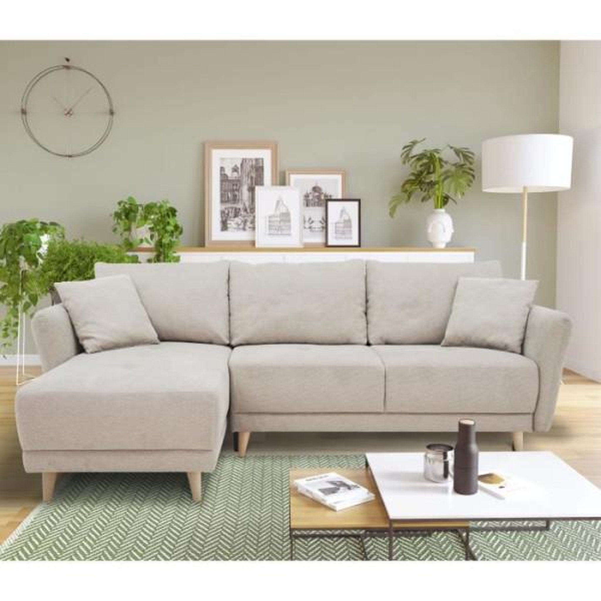 Voir la diapositive 2 : MARKET24 Canapé d'angle convertible réversible 3-4 places CLAUDIUS - Tissu Beige - Coffre de rangement - L 244 x P 158 x H 95 cm