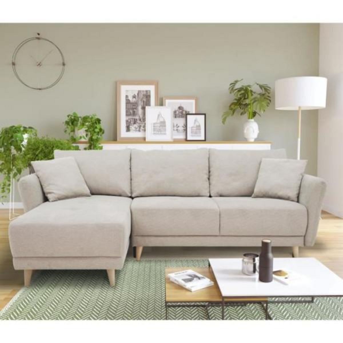 MARKET24 Canapé d'angle convertible réversible 3-4 places CLAUDIUS - Tissu Beige - Coffre de rangement - L 244 x P 158 x H 95 cm