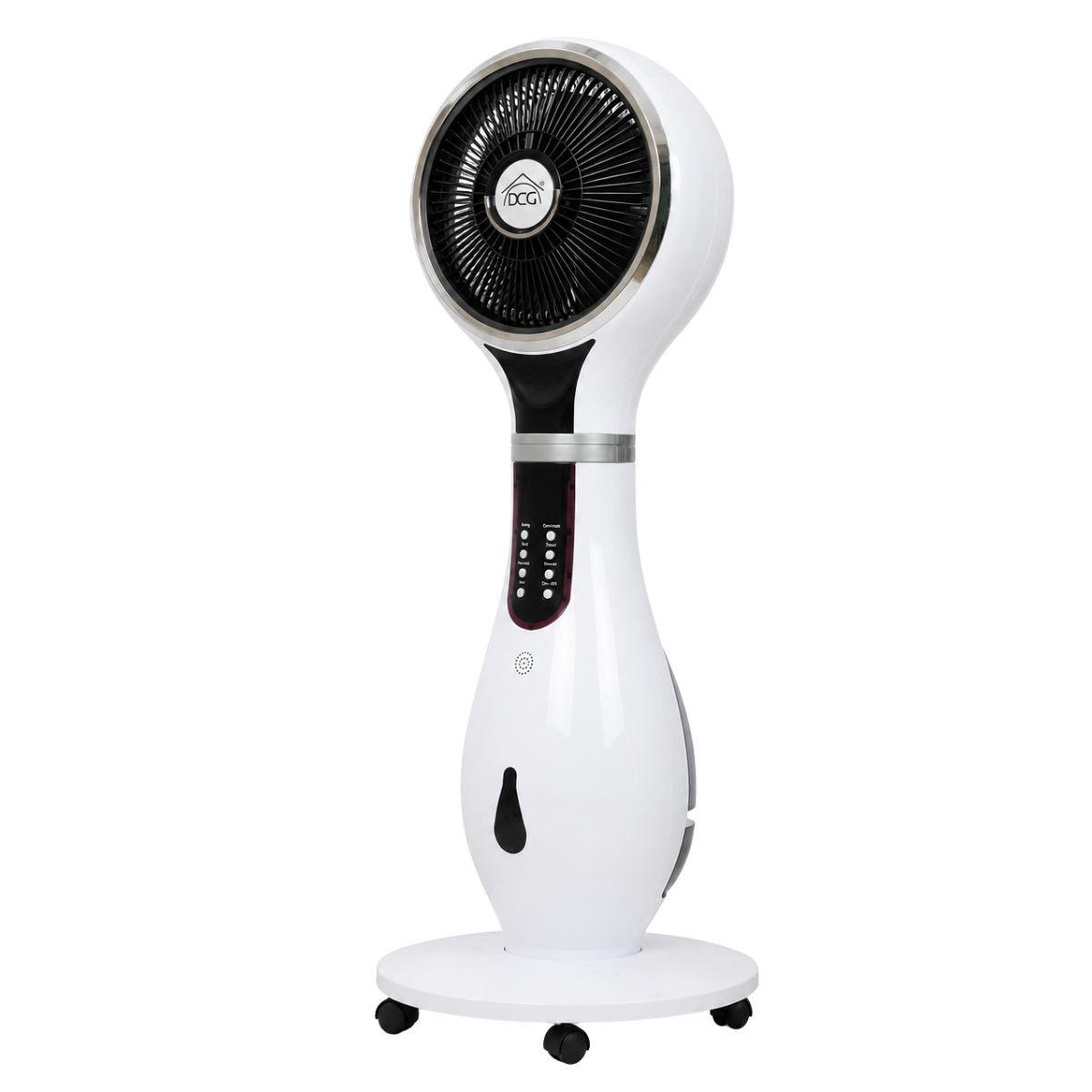 Voir la diapositive 5 : DCG Ventilateur brumisateur 80w humidificateur 2.3l télécommande timer 9h30 fonction anti-moustiques roulettes dcg