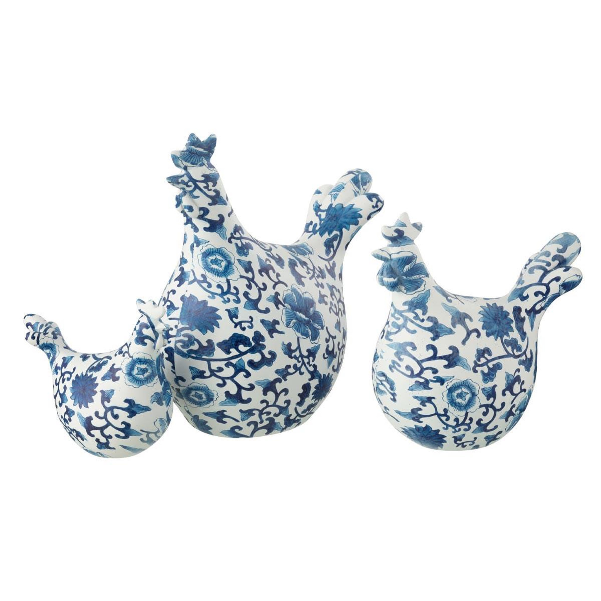 J-LINE Lot de 3 statuettes coq imprimé  alfredo  21cm bleu & blanc