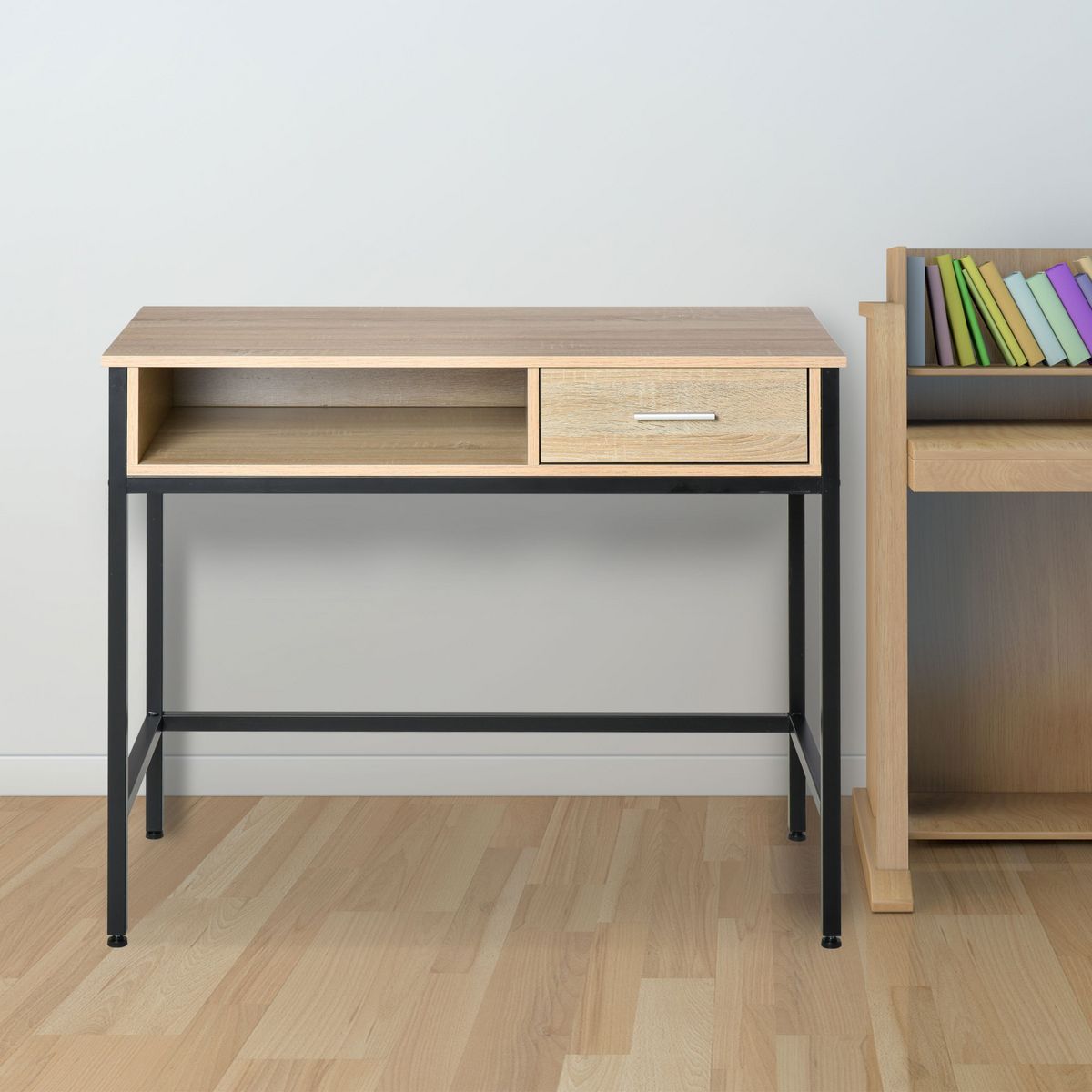 HOMCOM Bureau style industriel casier + tiroir coulissant châssis métal noir plateau panneaux particules chêne clair