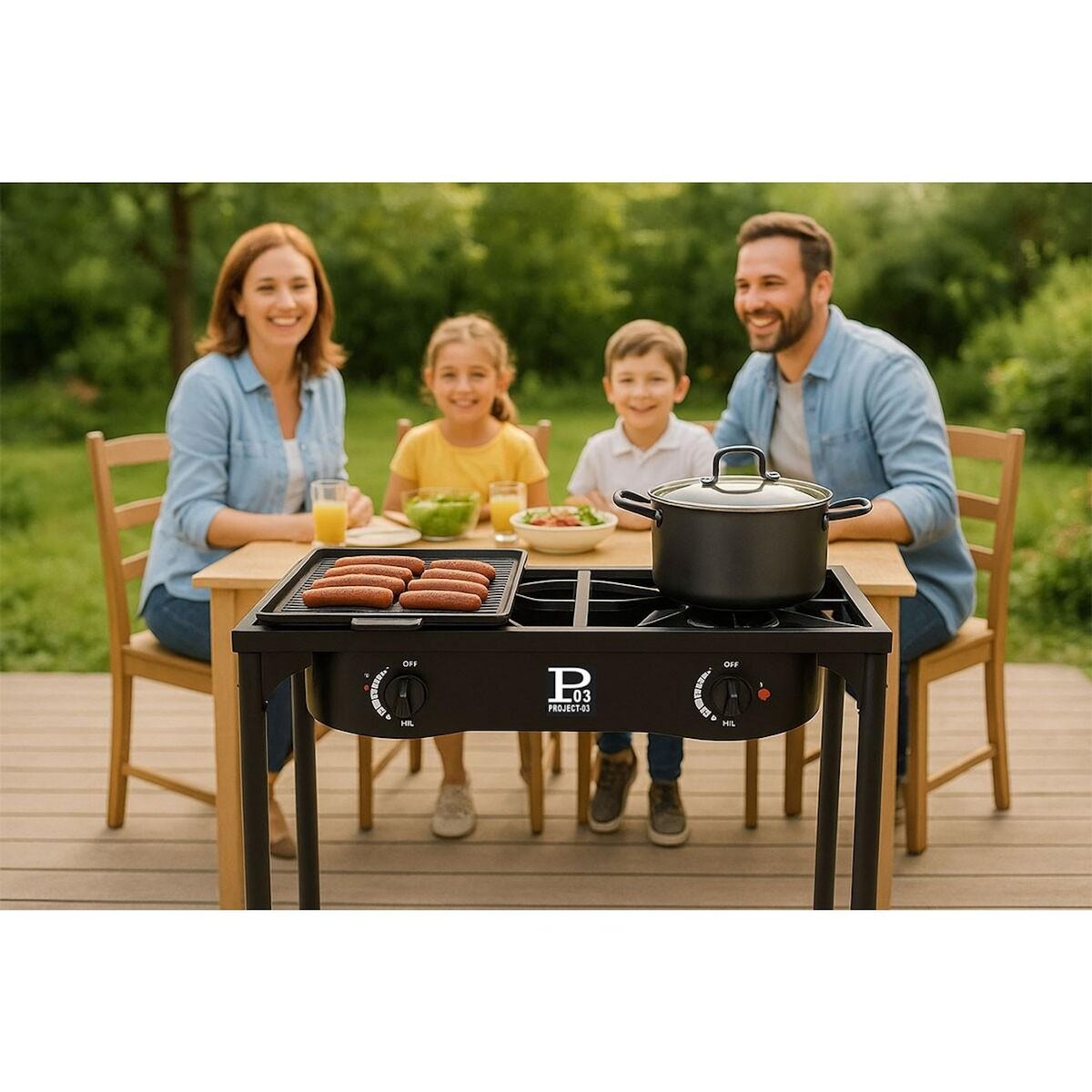 INTEC Réchaud à Gaz 2 feux Barbecue grill 9kW 2en1 : 2 brûleurs fonte + 1 Plaque Grill Fonte, 3 Hauteurs Modulables Piezo INTEC