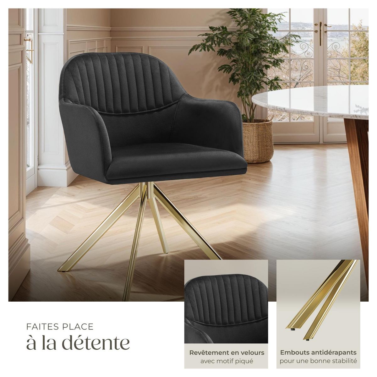 tectake Chaise pivotante en velours rembourrée noir/or