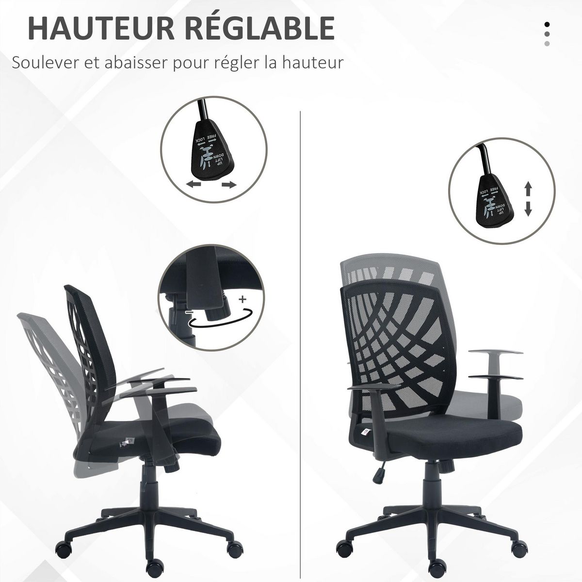 HOMCOM Chaise de bureau design ergonomique réglable accoudoirs maille noir
