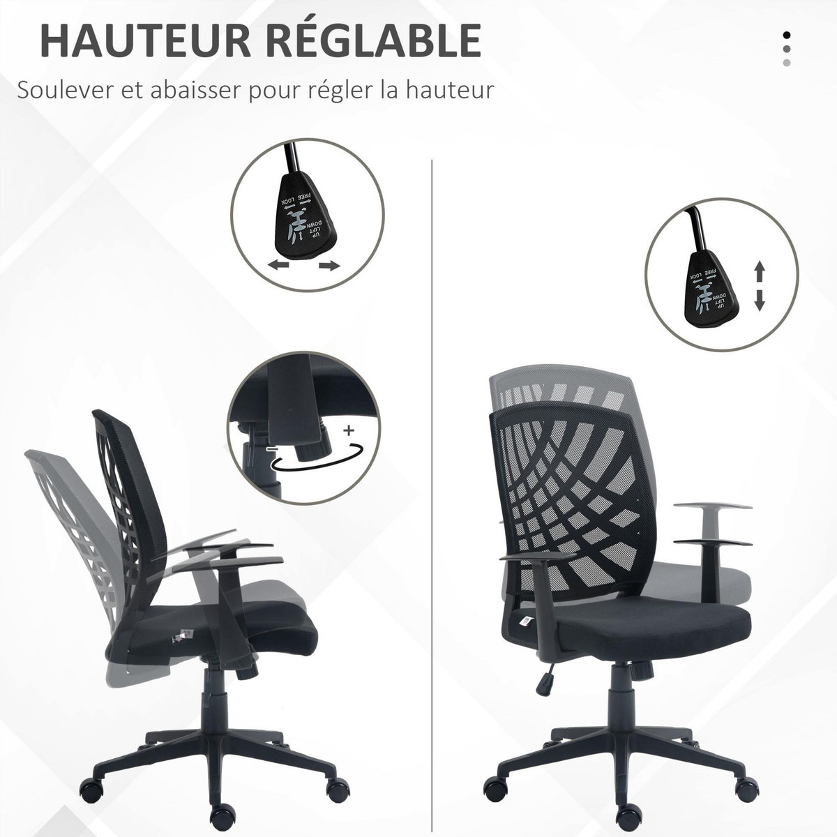 HOMCOM Chaise de bureau design ergonomique réglable accoudoirs maille noir