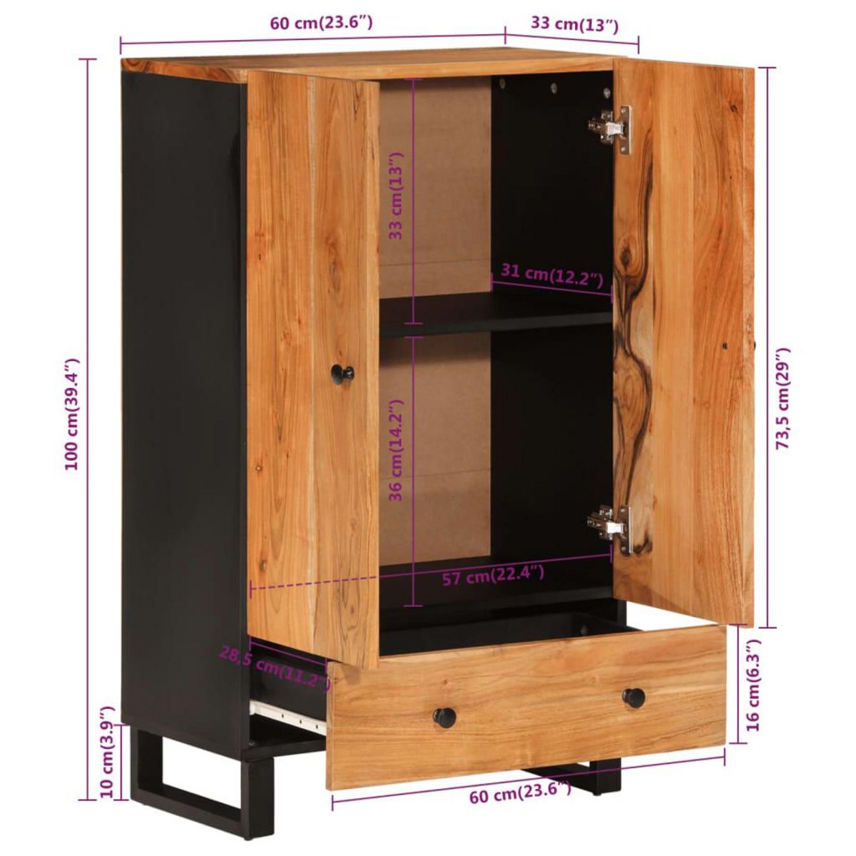 VIDAXL Buffet haut avec tiroir 60x33x100cm bois massif d'acacia et fer