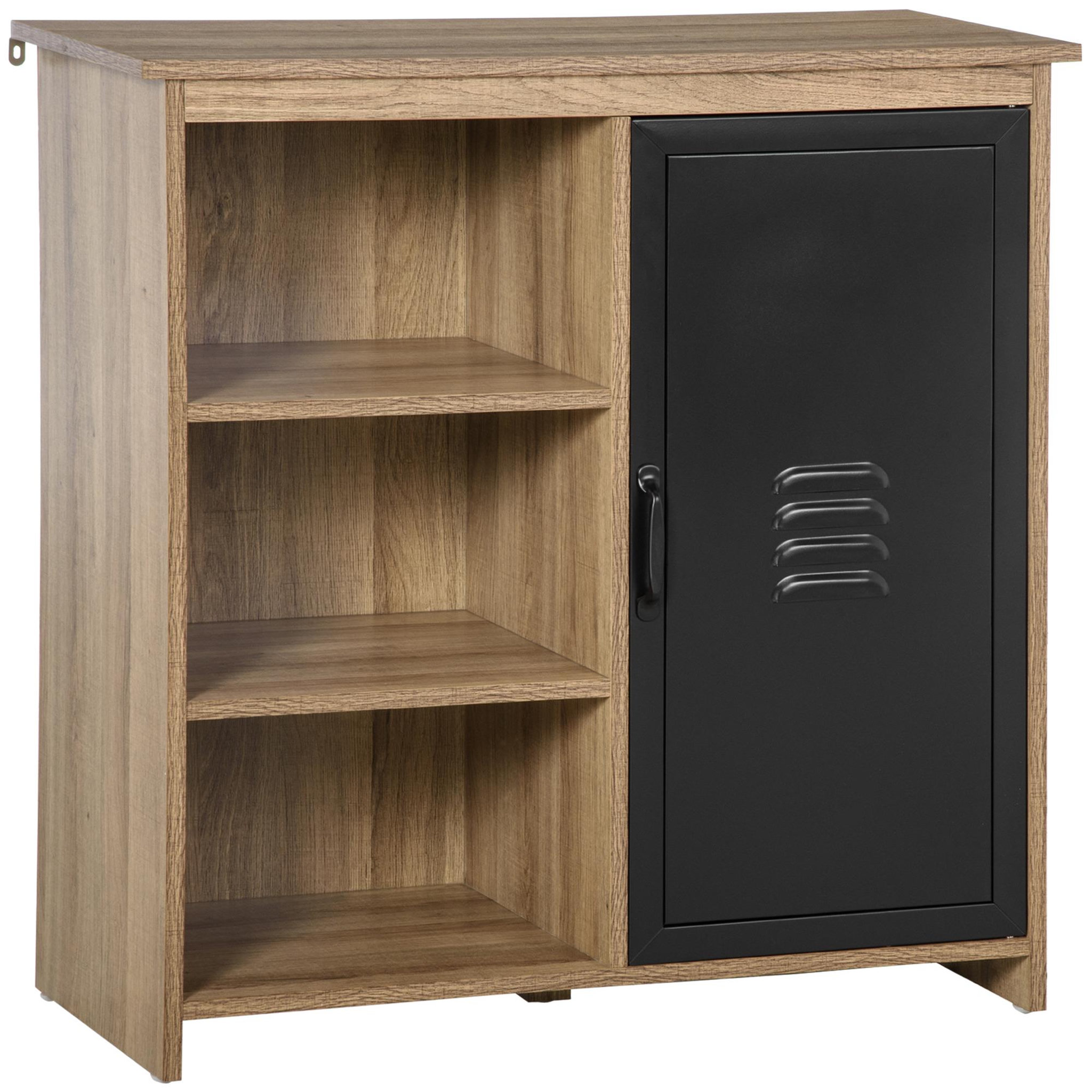 Voir la diapositive 1 : HOMCOM Buffet design industriel - meuble de rangement 3 niches placard - panneaux particules aspect bois veinage porte métal noir