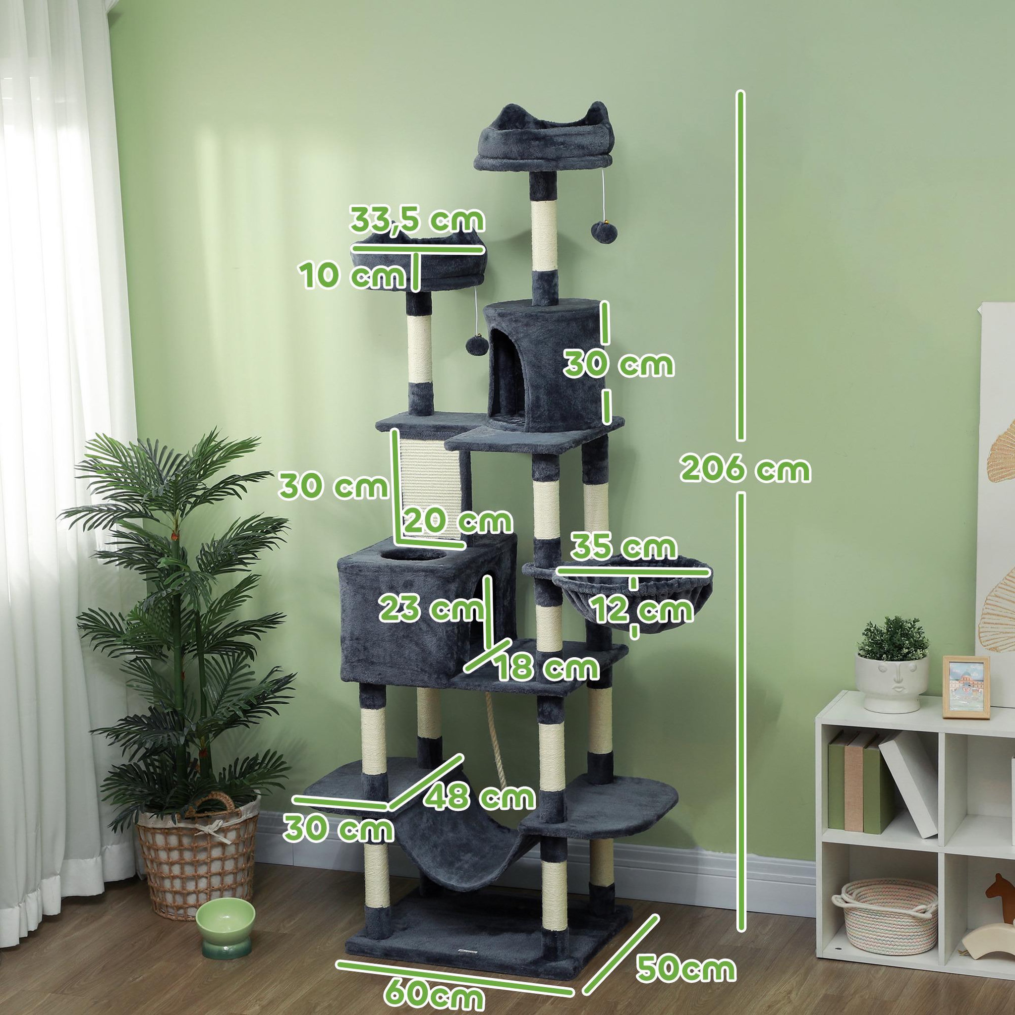 Voir la diapositive 3 : PAWHUT Arbre à chat grande taille h.206 cm équipement et accessoires multiples sisal naturel peluche gris