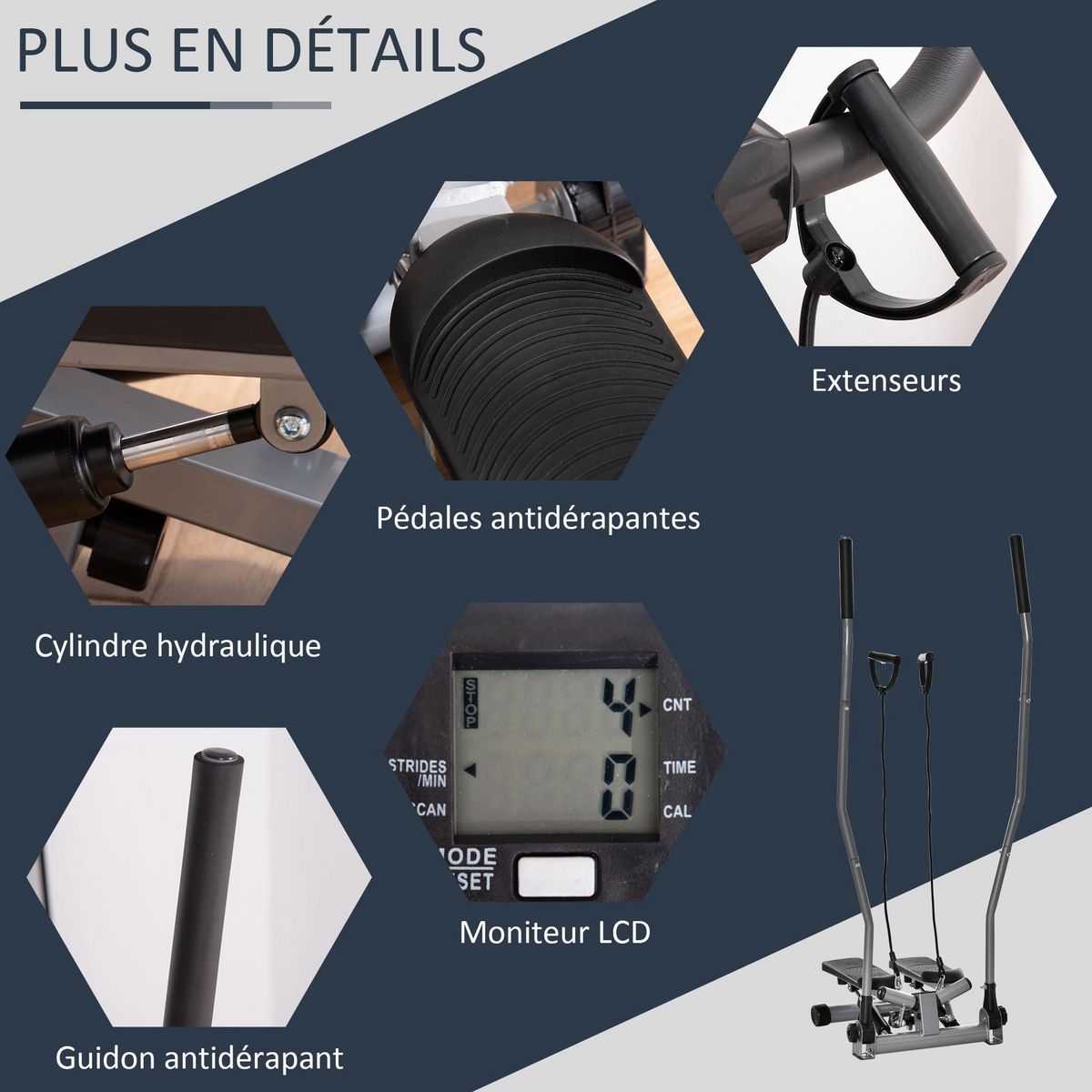 HOMCOM Stepper avec guidon extenseurs écran LCD multifonction acier ABS gris noir