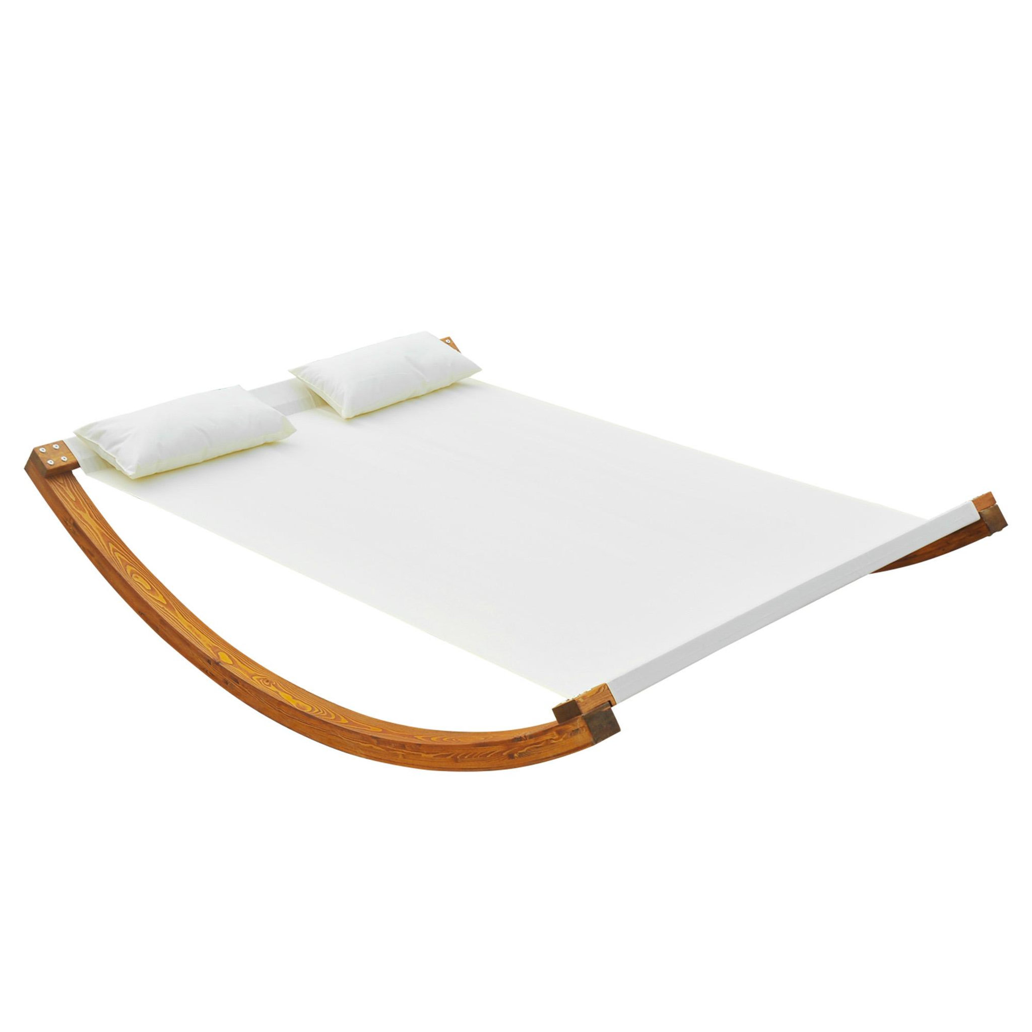 OUTSUNNY Bain de soleil transat design à bascule 2 places 2 coussins inclus bois mélèze pré-huilé coton blanc