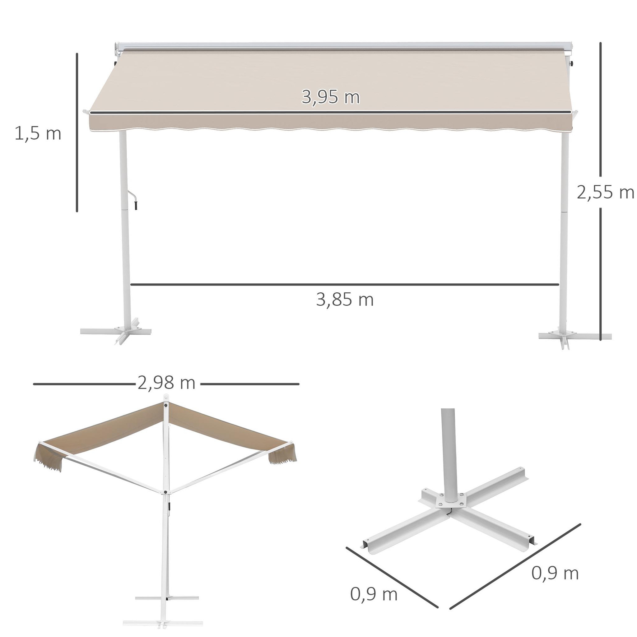 Voir la diapositive 3 : OUTSUNNY Store double pente manuel rétractable inclinaison réglable métal époxy blanc polyester imperméabilisé anti-UV beige dim. 3,95L x 2,98l x 2,55H m