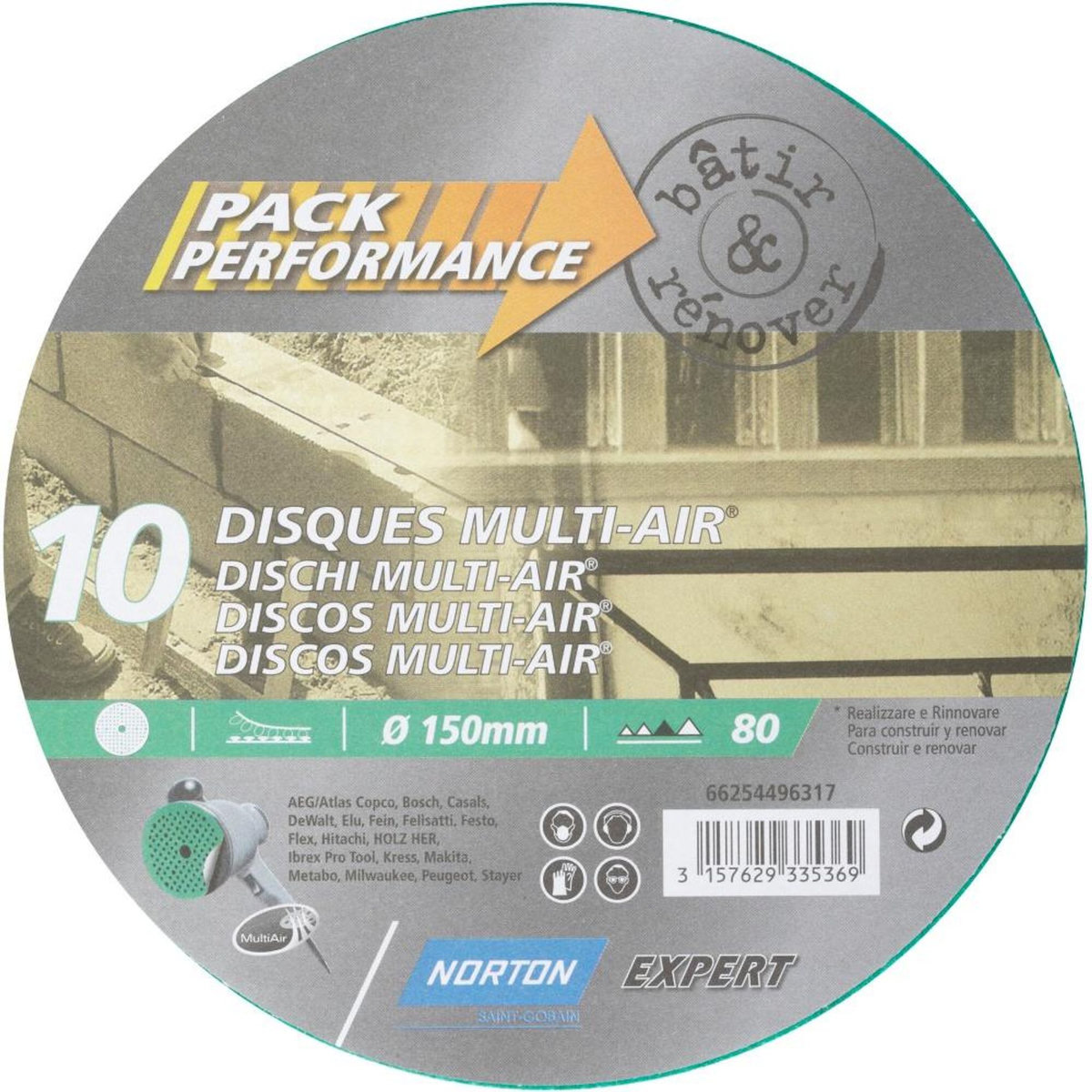 Norton Lot De 10 Disques Abrasifs Norton, 150 Mm, Grains 80