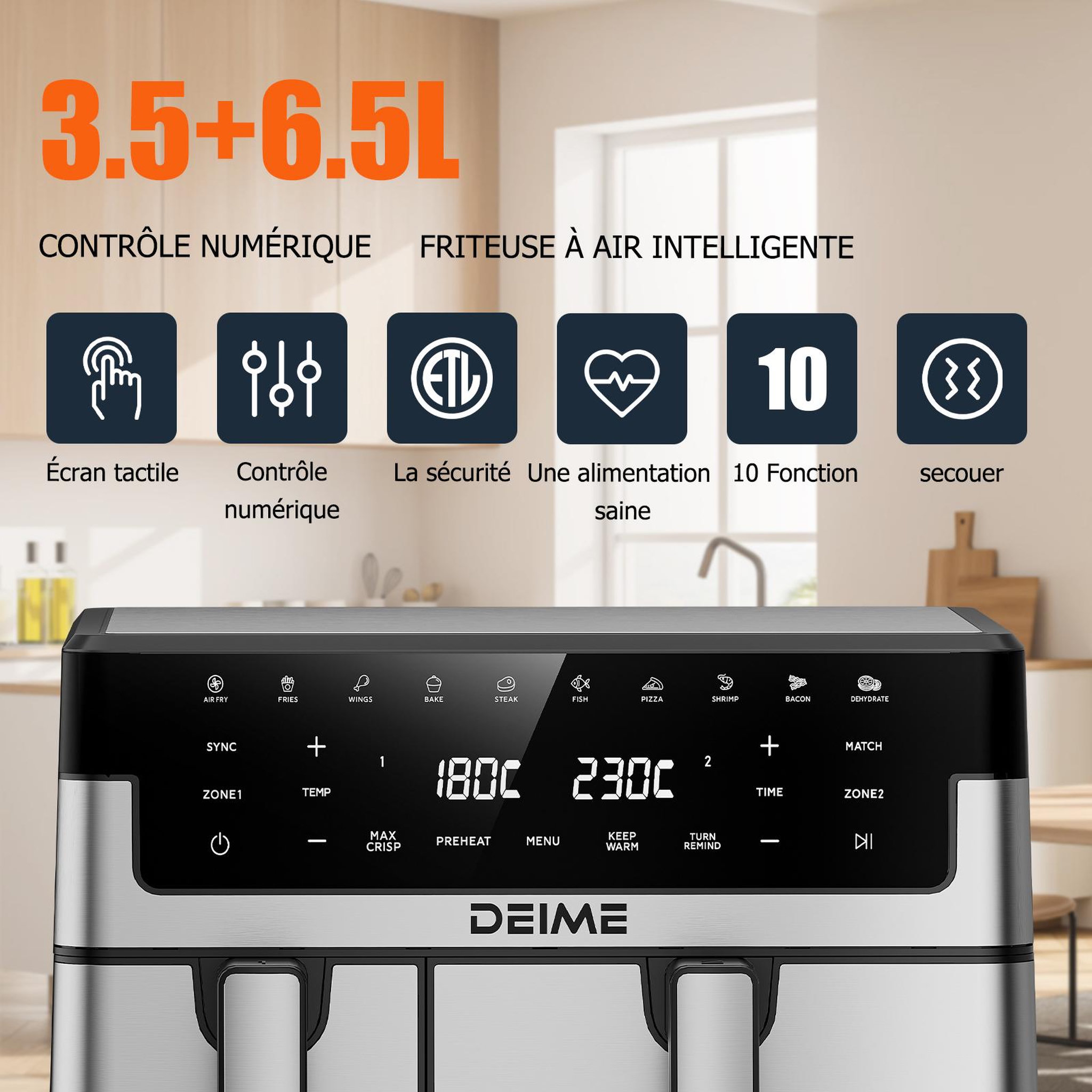 Voir la diapositive 6 : DEIME DEIME - Airfryer  10 l 2800 w 10 programmes avec fenêtre de cuisson – inox