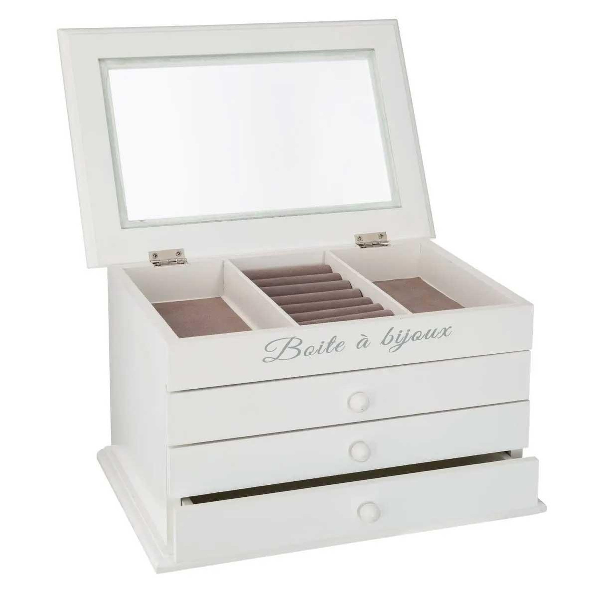 Voir la diapositive 3 : ATMOSPHERA Boîte à bijoux vitrée 3 tiroirs  charme  25cm blanc