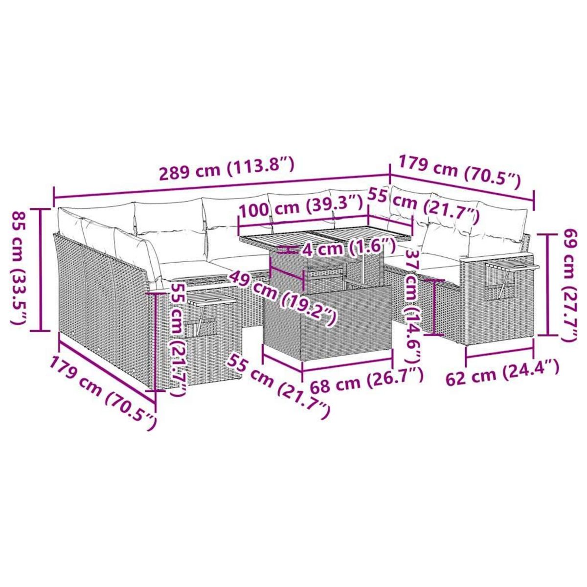 VIDAXL Salon de jardin 10 pcs avec coussins noir resine tressee acacia