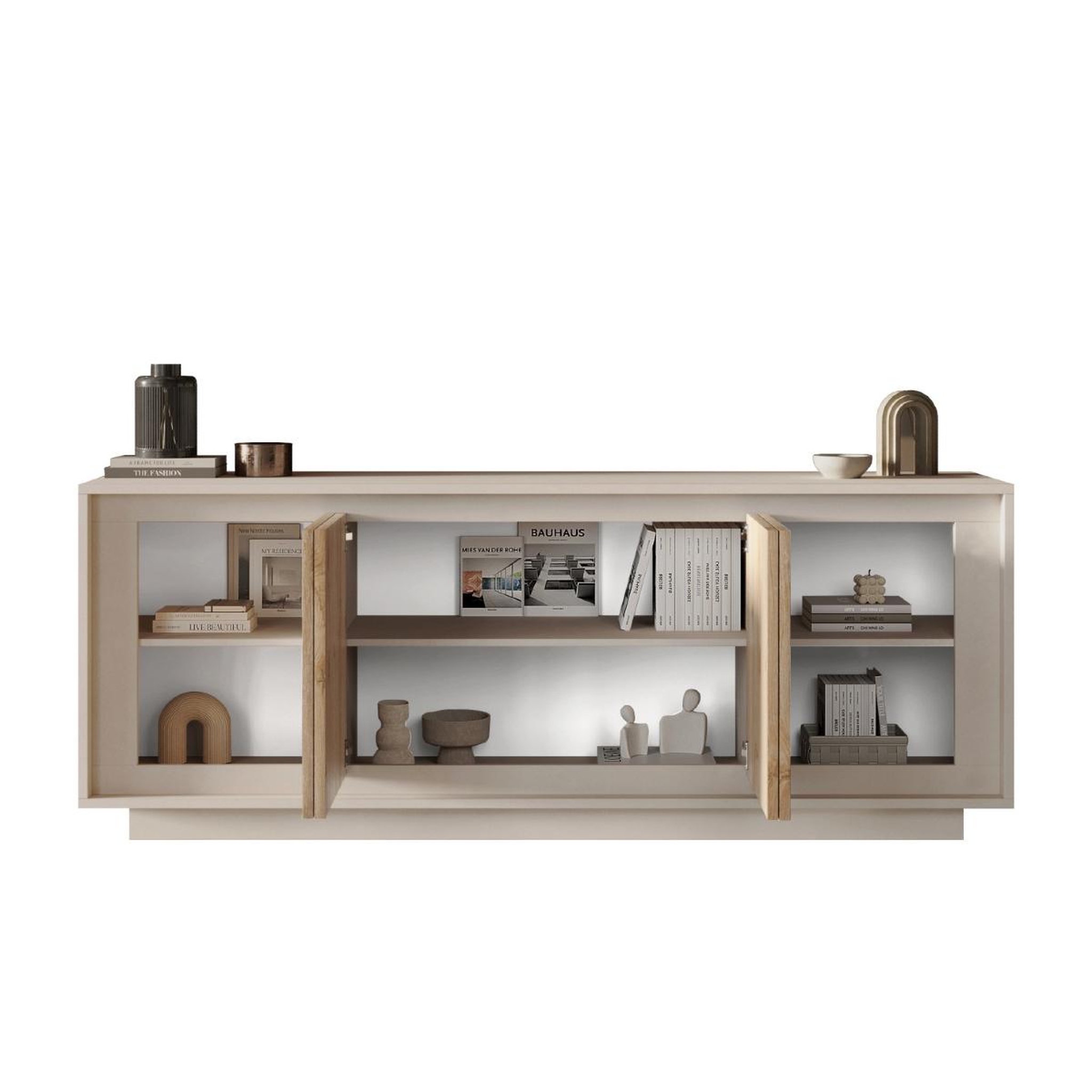 Voir la diapositive 3 : JLC KREATION Buffet bas contemporain 4 portes beige et bois naturel yori