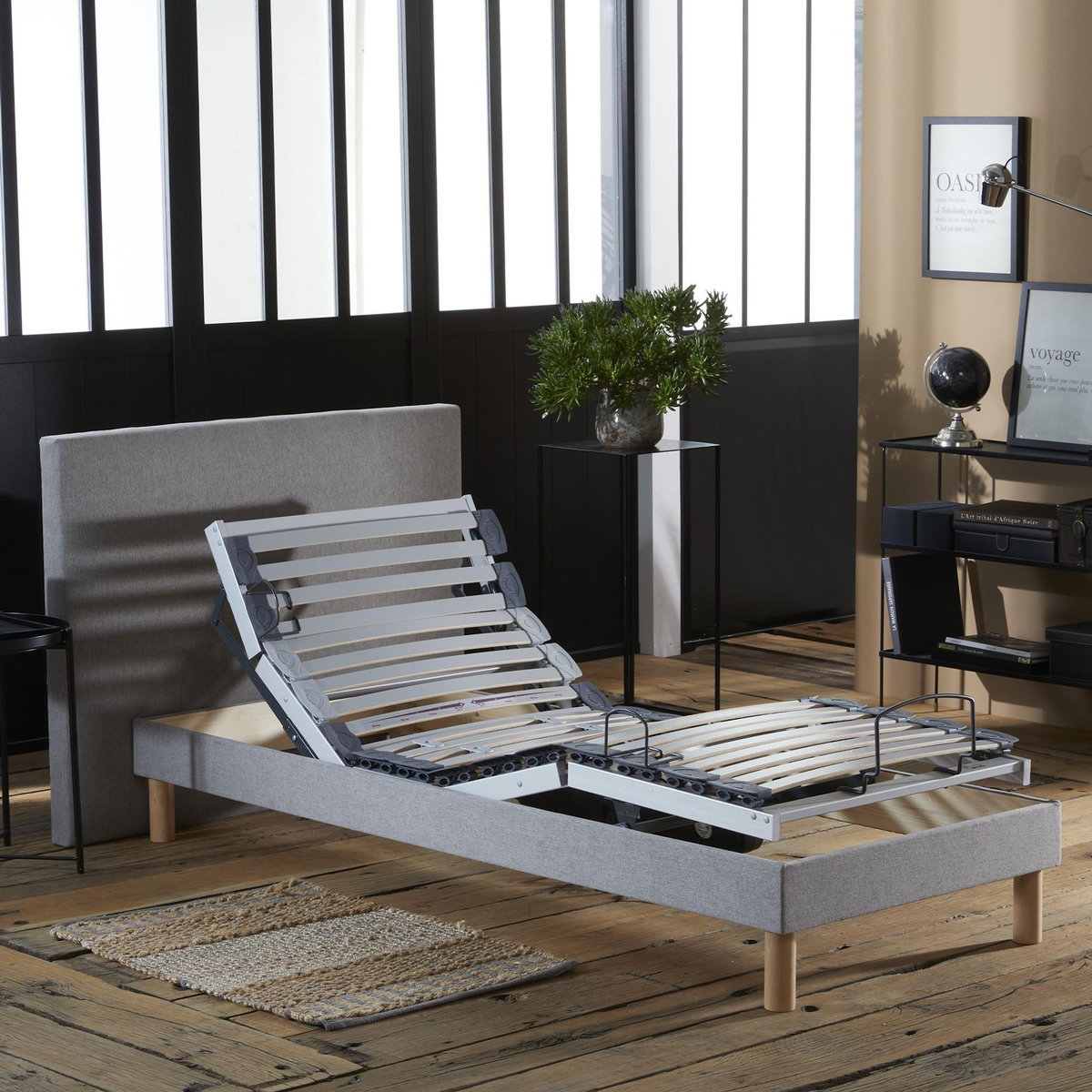 IDLITERIE Ensemble lit électrique relaxation multi lattes + Matelas Mousse à mémoire de forme Couleur - Gris Clair, - 90 x 190 cm